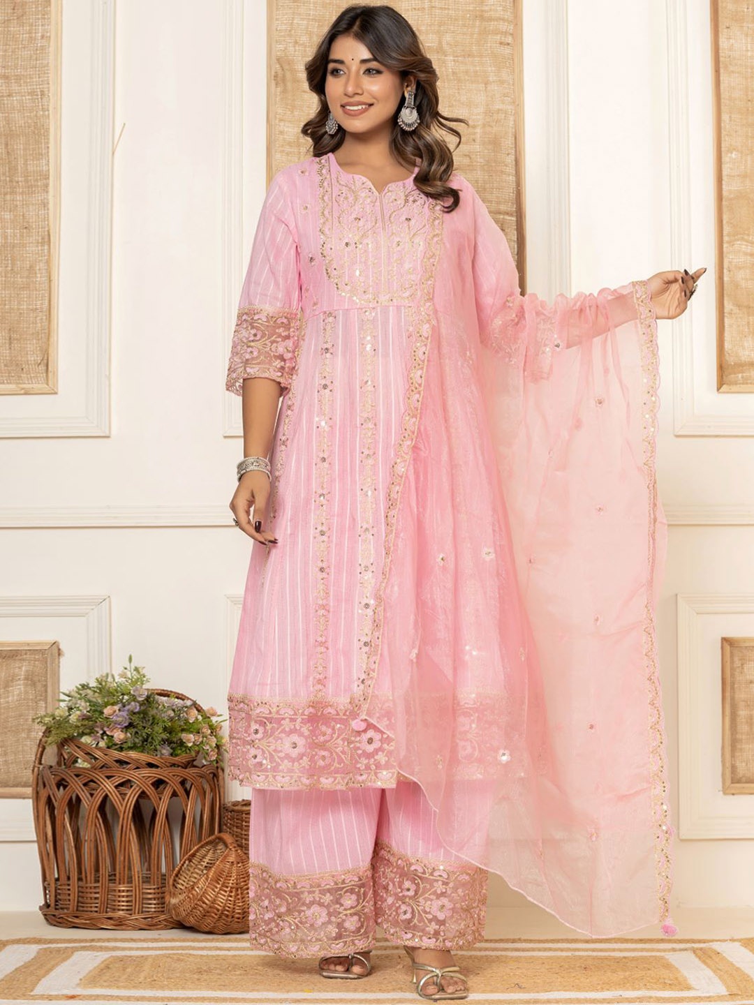 

VASVI Floral Embroidered Anarkali CottonLinen Kurta & Sharara With Dupatta, Peach