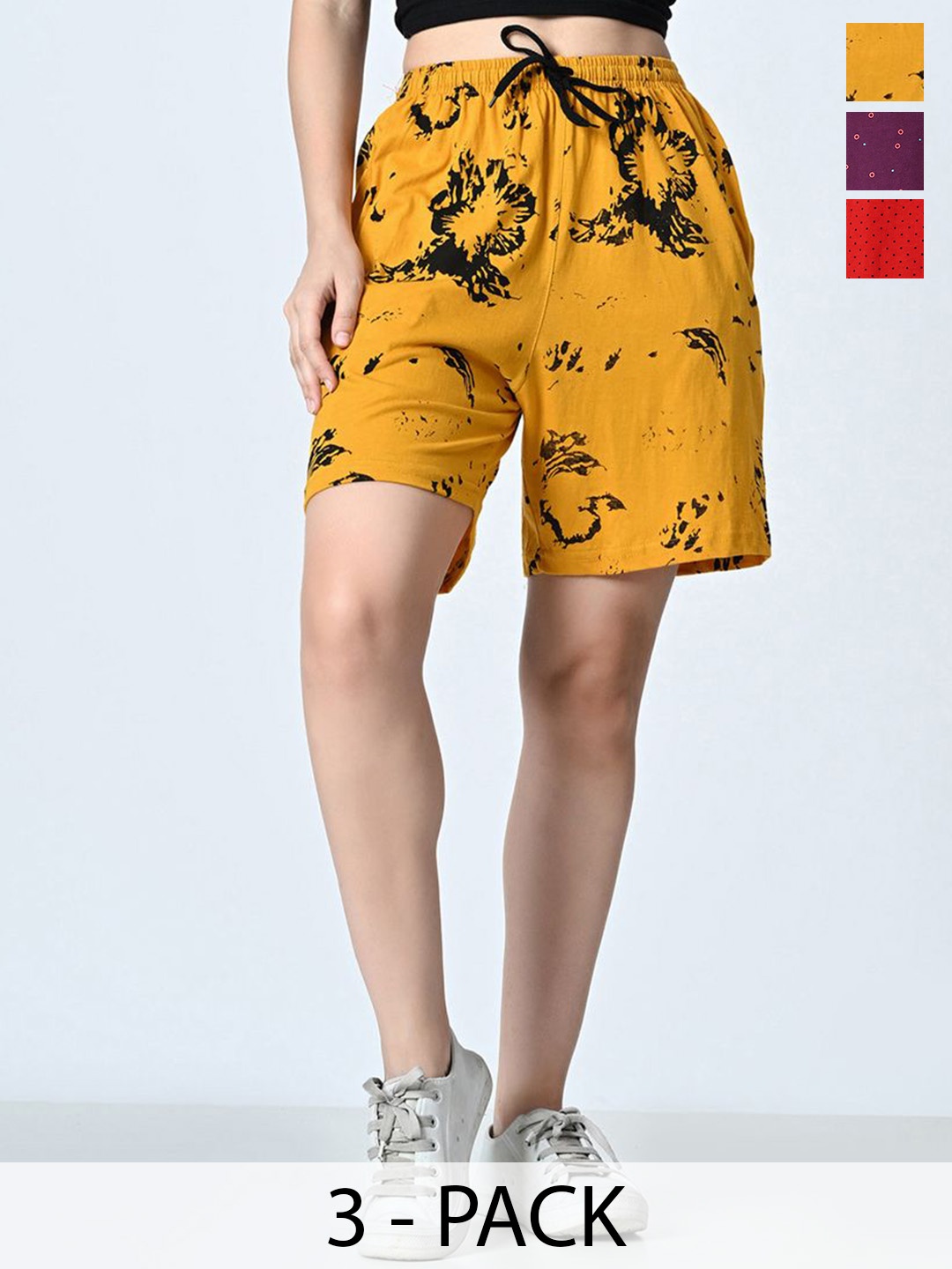 

BAESD Pack of 3 Women Printed High-Rise Shorts, Yellow