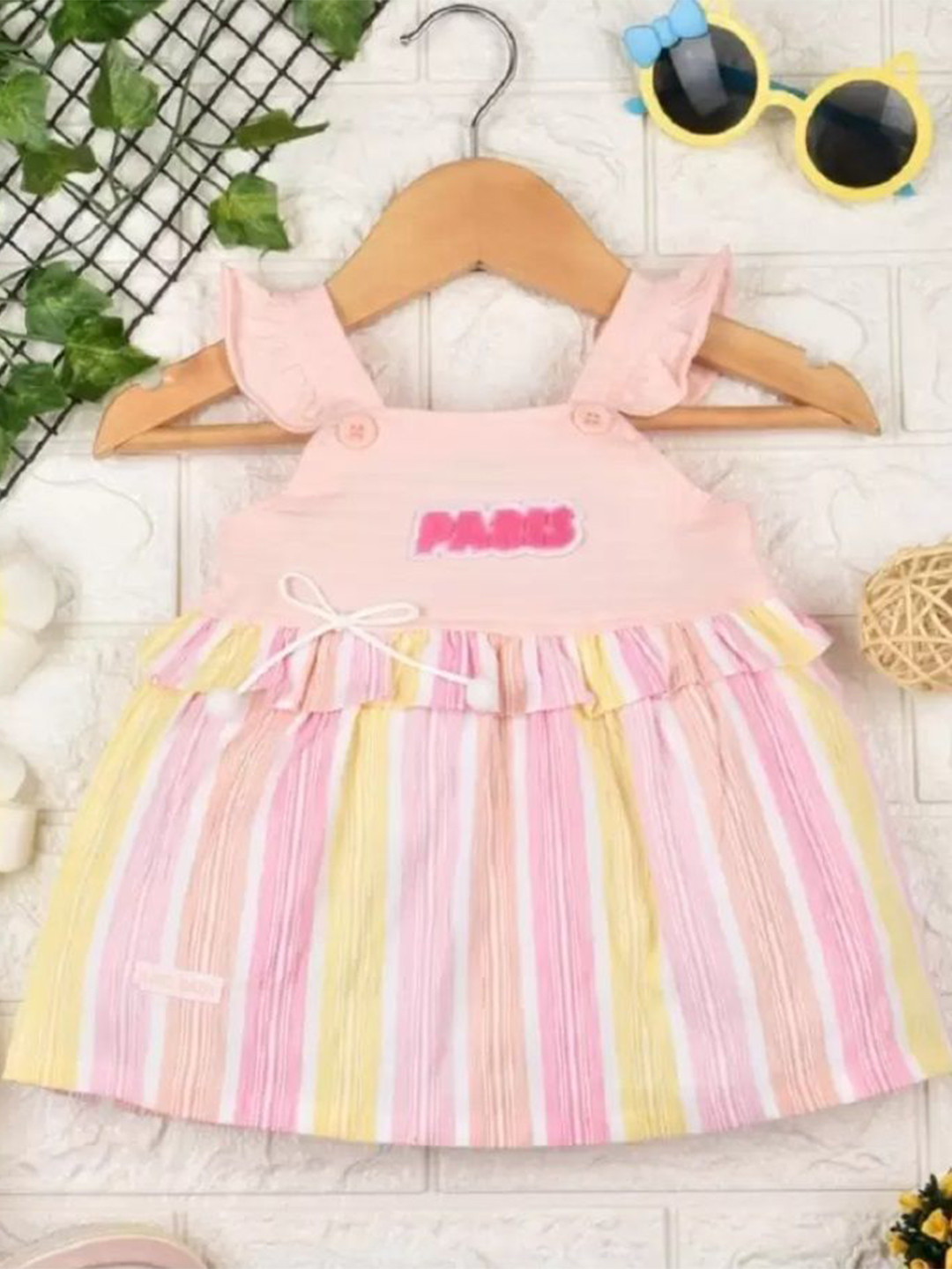 

KIKO Striped Girls Striped Flutter Sleeve A-Line Dress, Peach