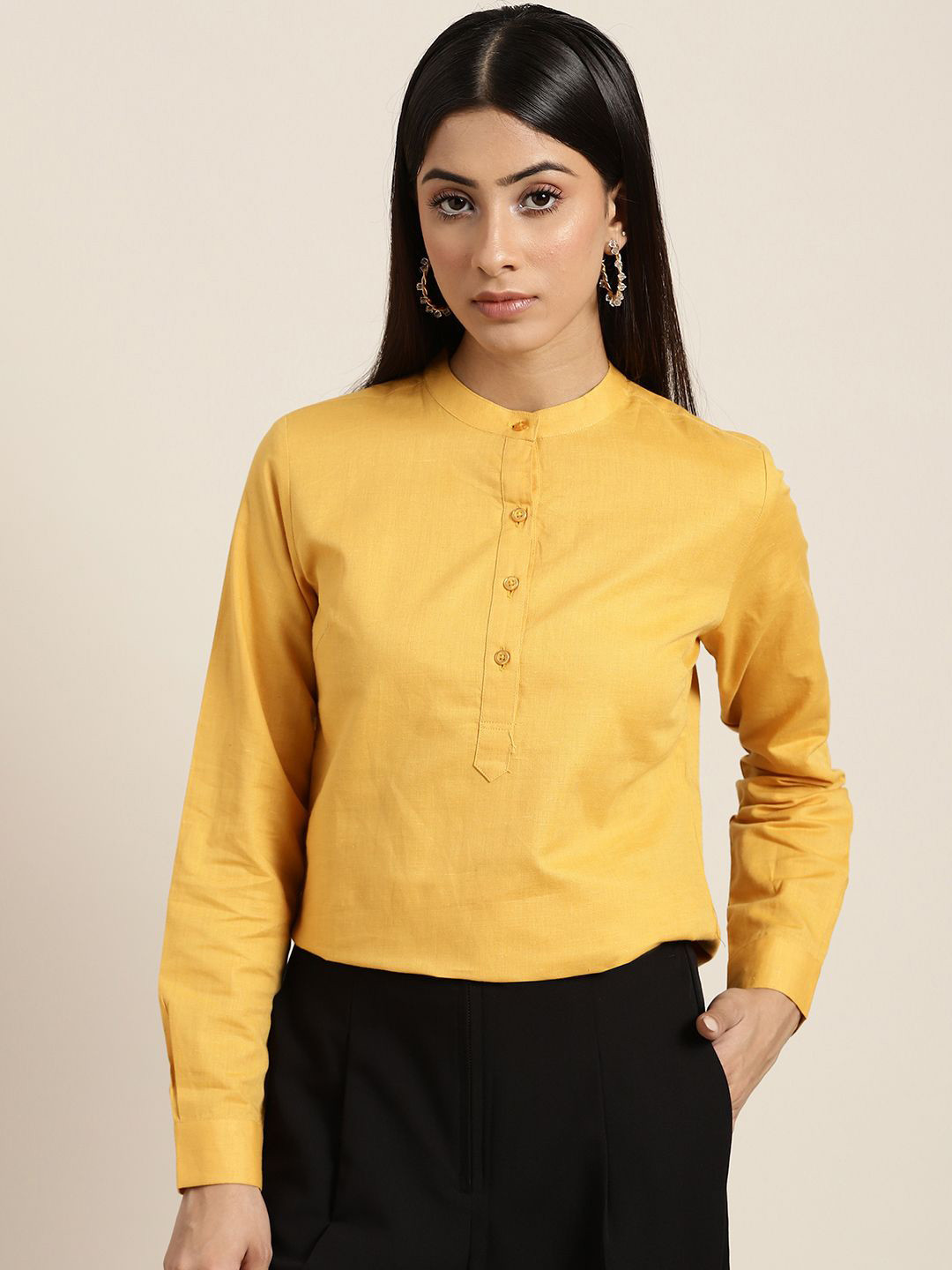 

Hancock Women Ethnic Printed Mandarin Collar Cotton Top, Mustard