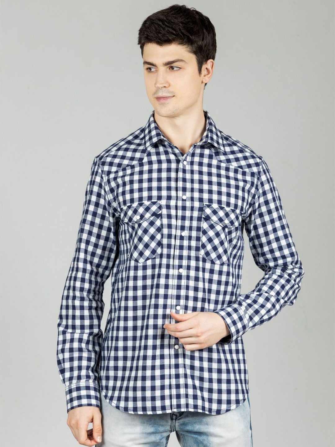 

OZMOD Men Modern Slim Fit Gingham Checks Opaque Checked Casual Shirt, Navy blue