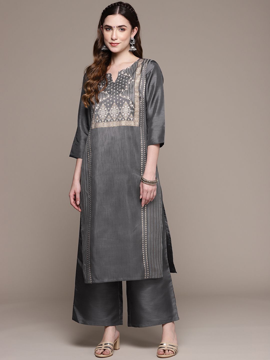

ZIYAA Grey & Beige Ethnic Motifs Printed Yoke or Border Regular Kurta With Palazzo