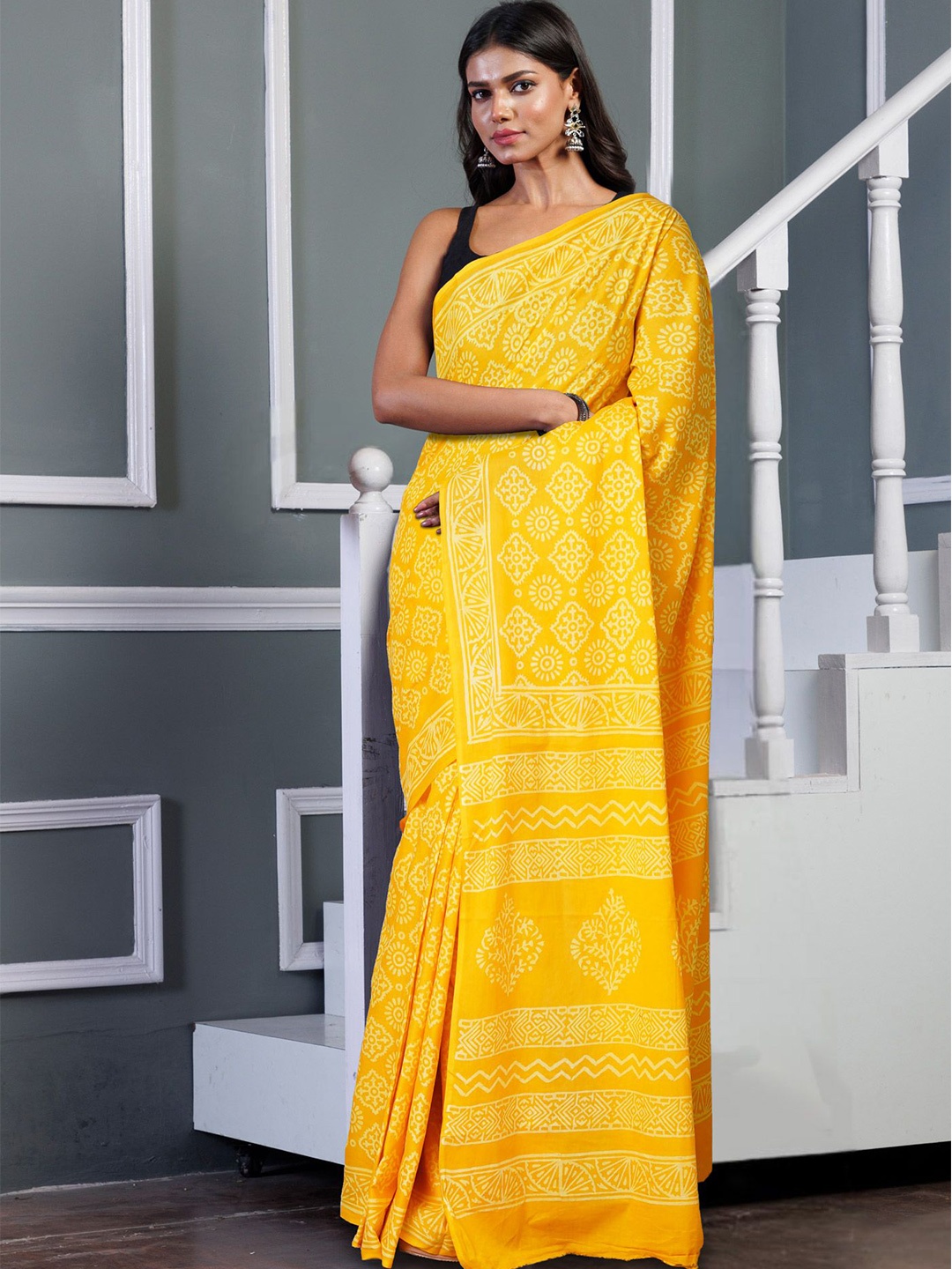 

Unnati Silks Pure Cotton Handloom Block Print Saree, Yellow