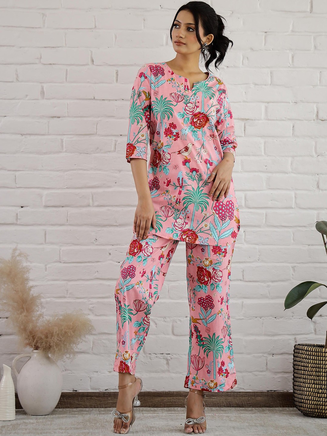 

FLAVIA CREATION Printed Pure Cotton Tunic With Trouser, Pink