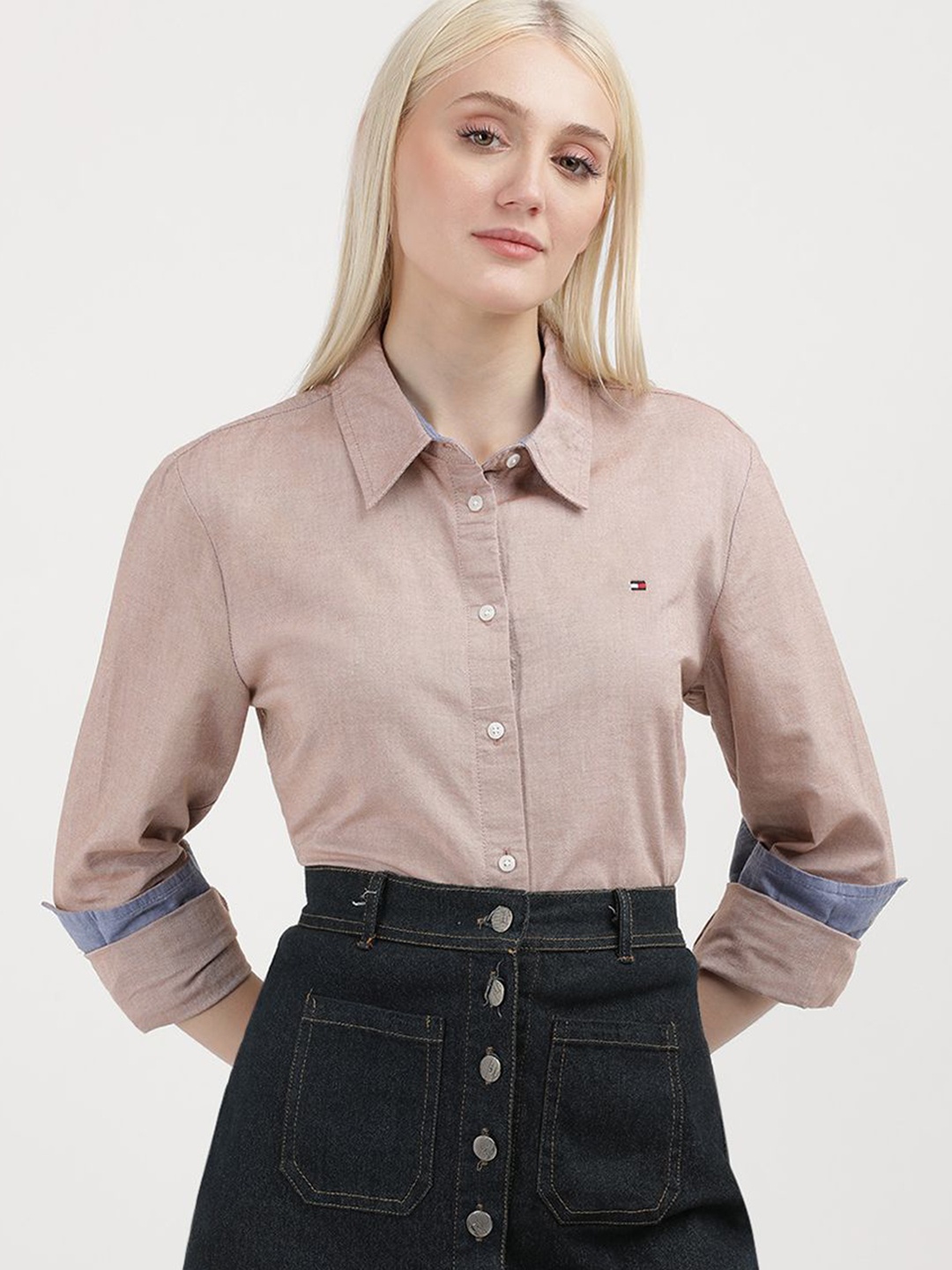

Tommy Hilfiger Women Solid Spread Collar Casual Shirt, Beige