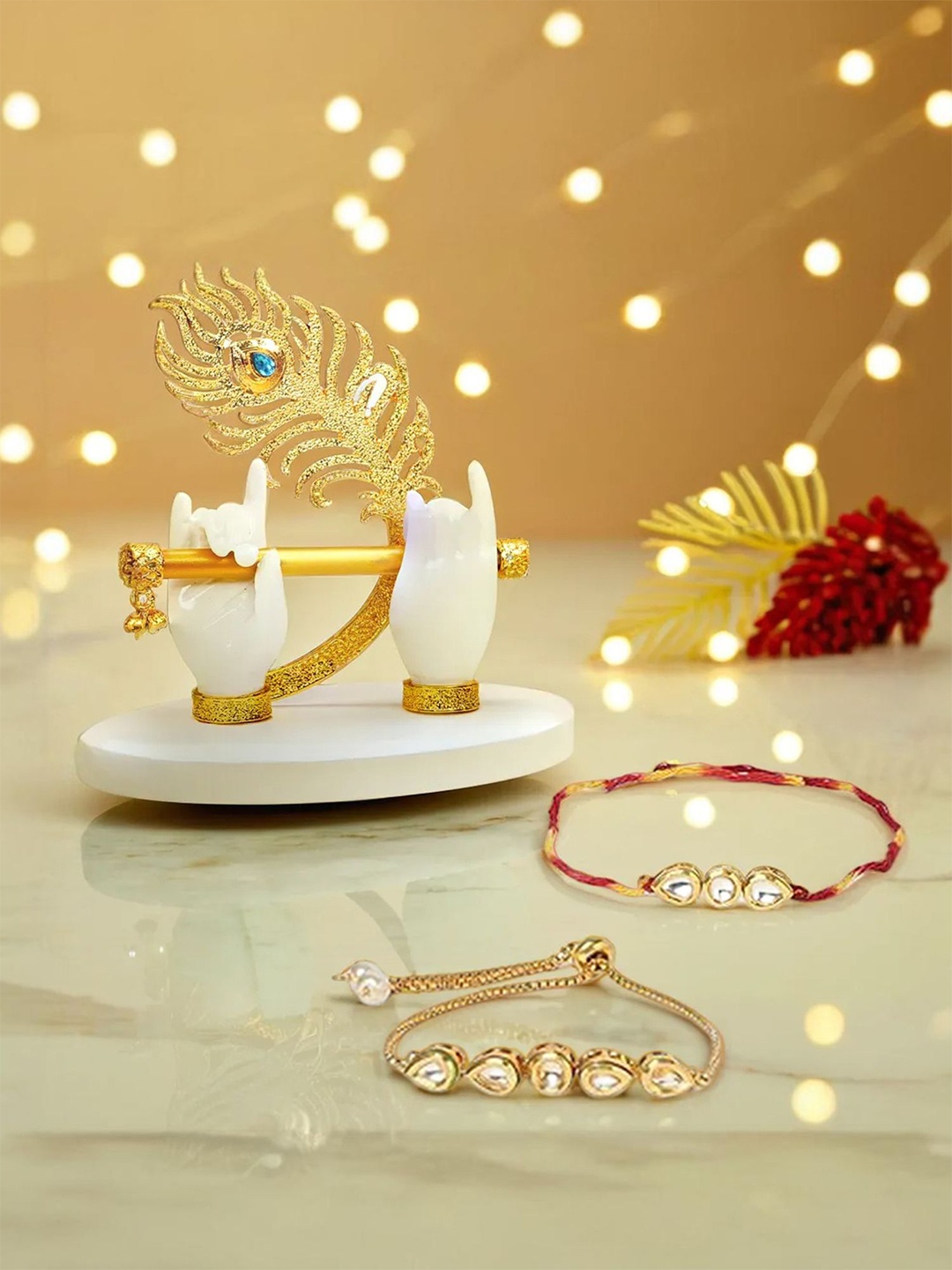 

Ekhasa Set Of 3 Bhaiya Bhabhi Rakhi with Krishna Hands Idol, White