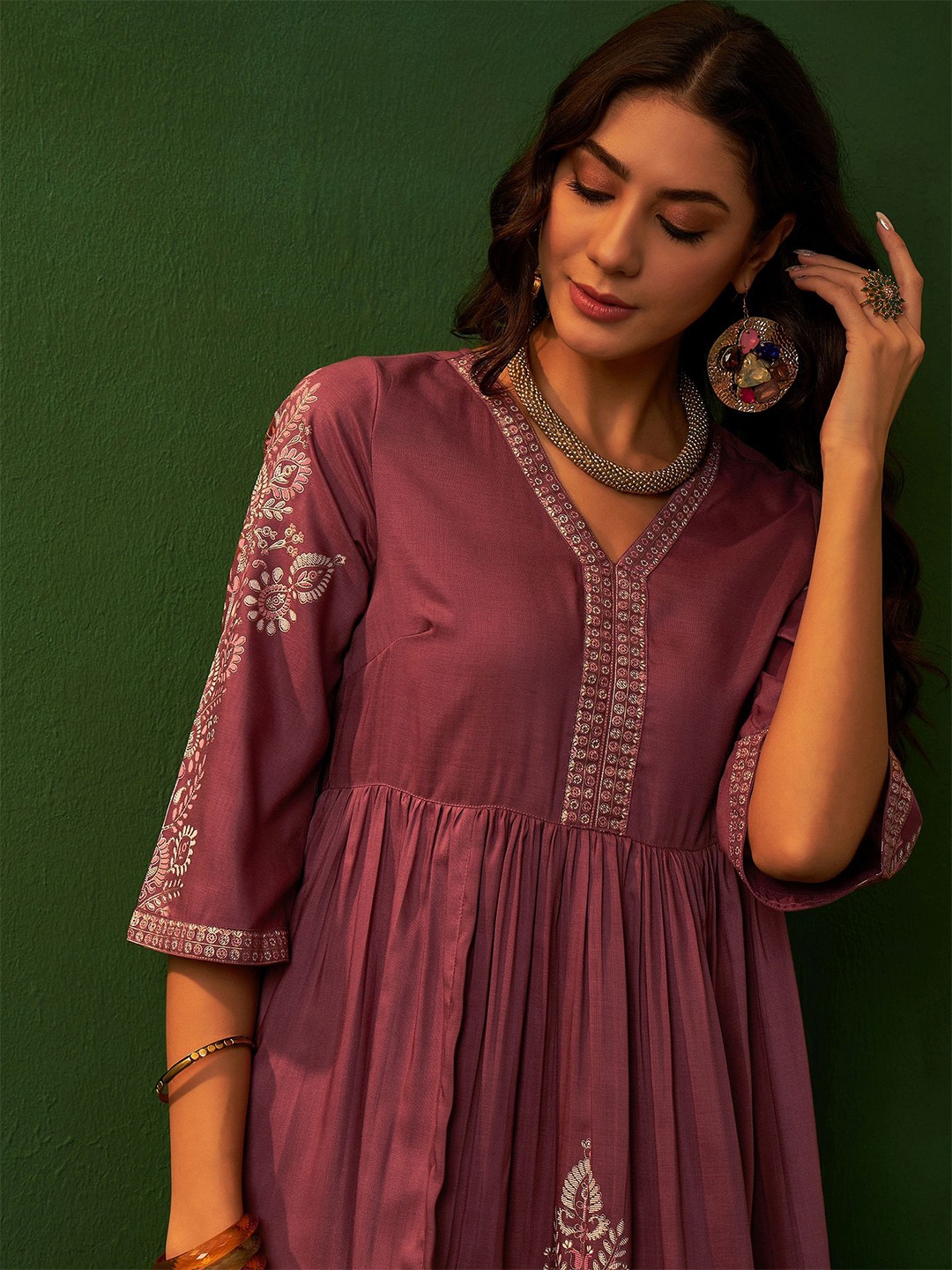 

Sangria Ethnic Motif Printed Empired Dress, Peach