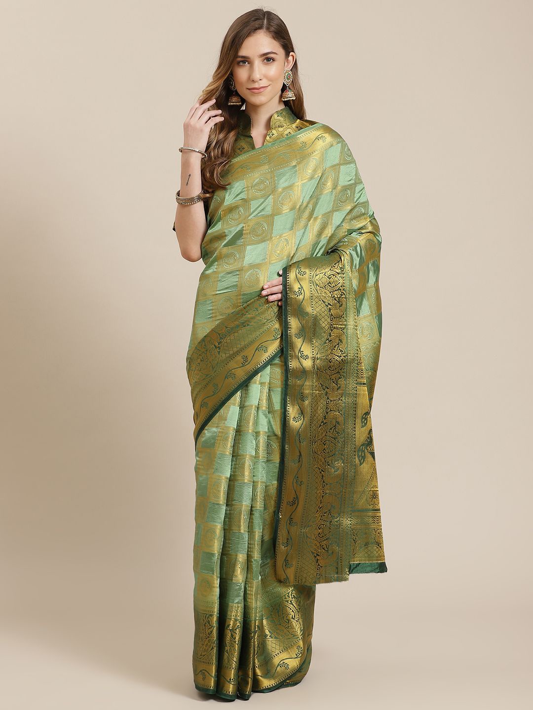 

KALINI Ethnic Motifs Zari Banarasi Saree, Green