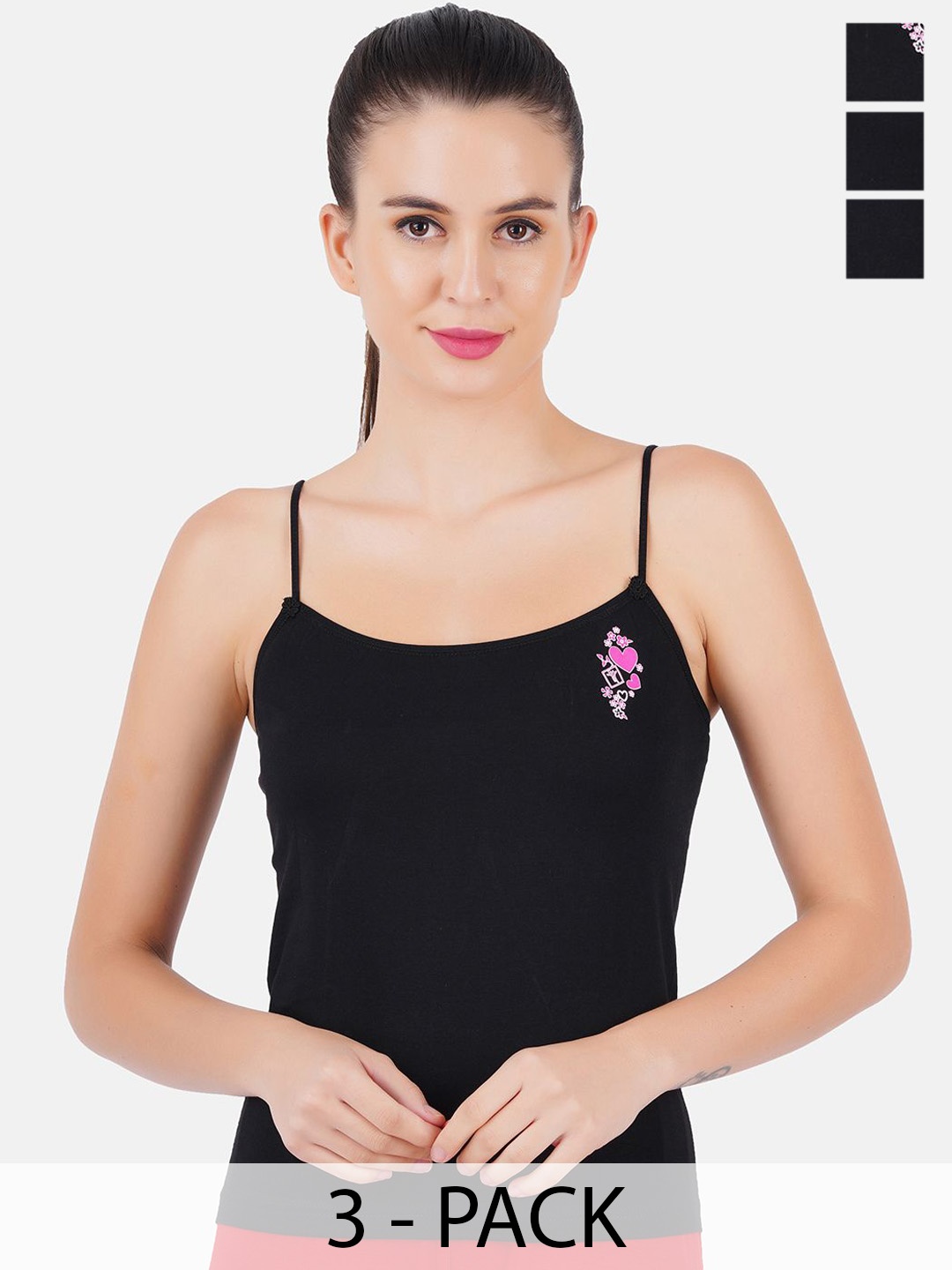 

Ramraj Pack of 3 Cotton Shoulder Strap Camisoles, Black