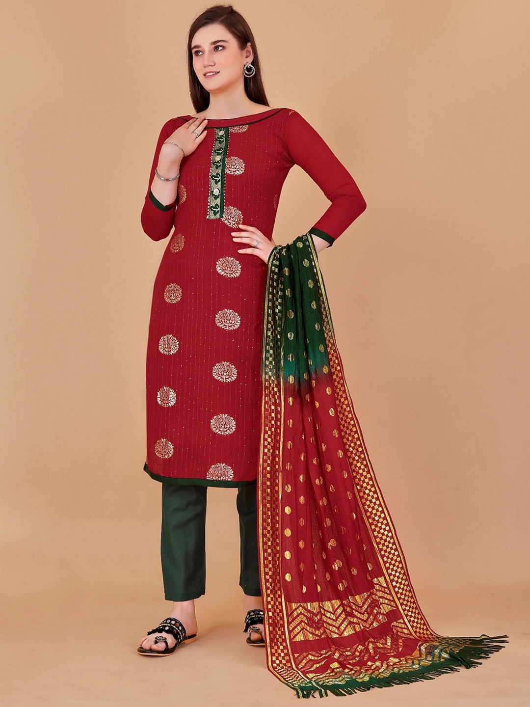 

JULEE Floral Embroidered Sequinned Unstitched Dress Material, Red