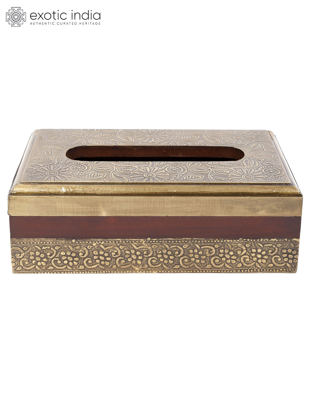 

Exotic India Wooden Tissue Holder with Brass work, Gold