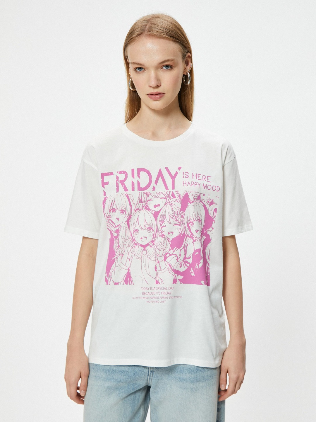 

Koton Women Graphic Printed Round Neck Cotton Oversized T-Shirt, Off white