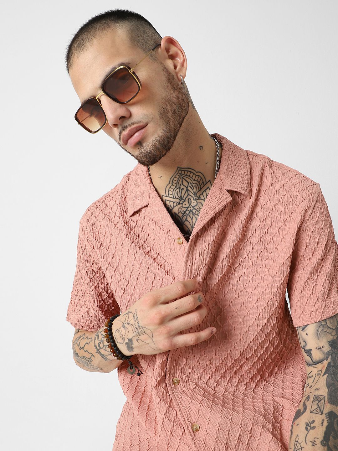 

VASTRADO Men Classic Opaque Self Design Oversized Casual Shirt, Peach