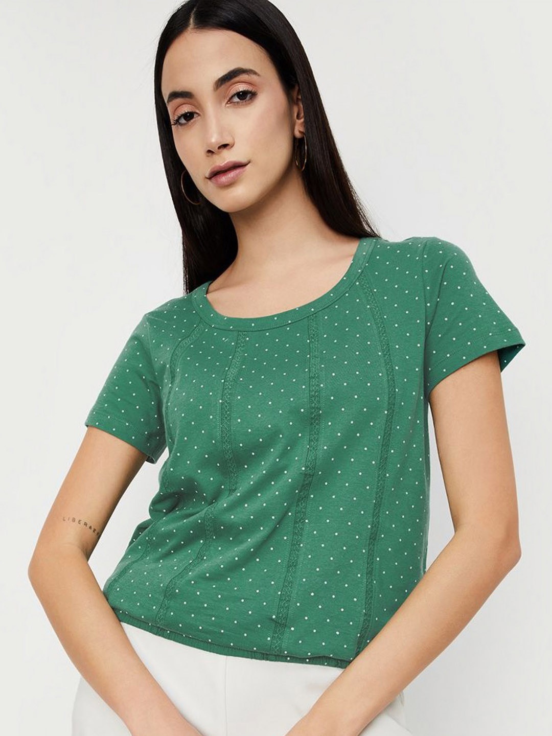 

max Women Abstract Printed Round Neck Cotton T-Shirt, Green