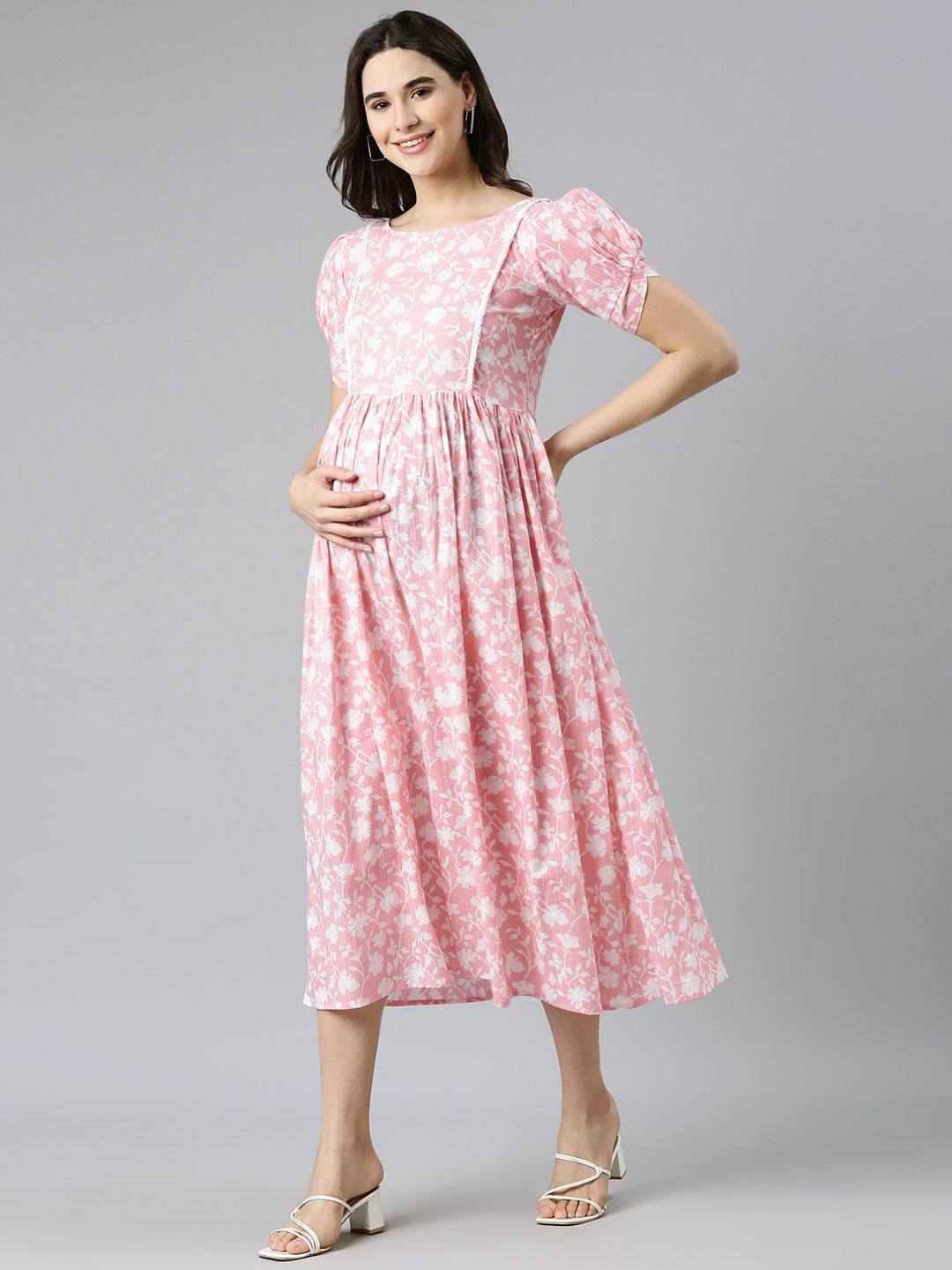 

Swishchick Floral Print Cotton Maternity A-Line Midi Dress, Peach