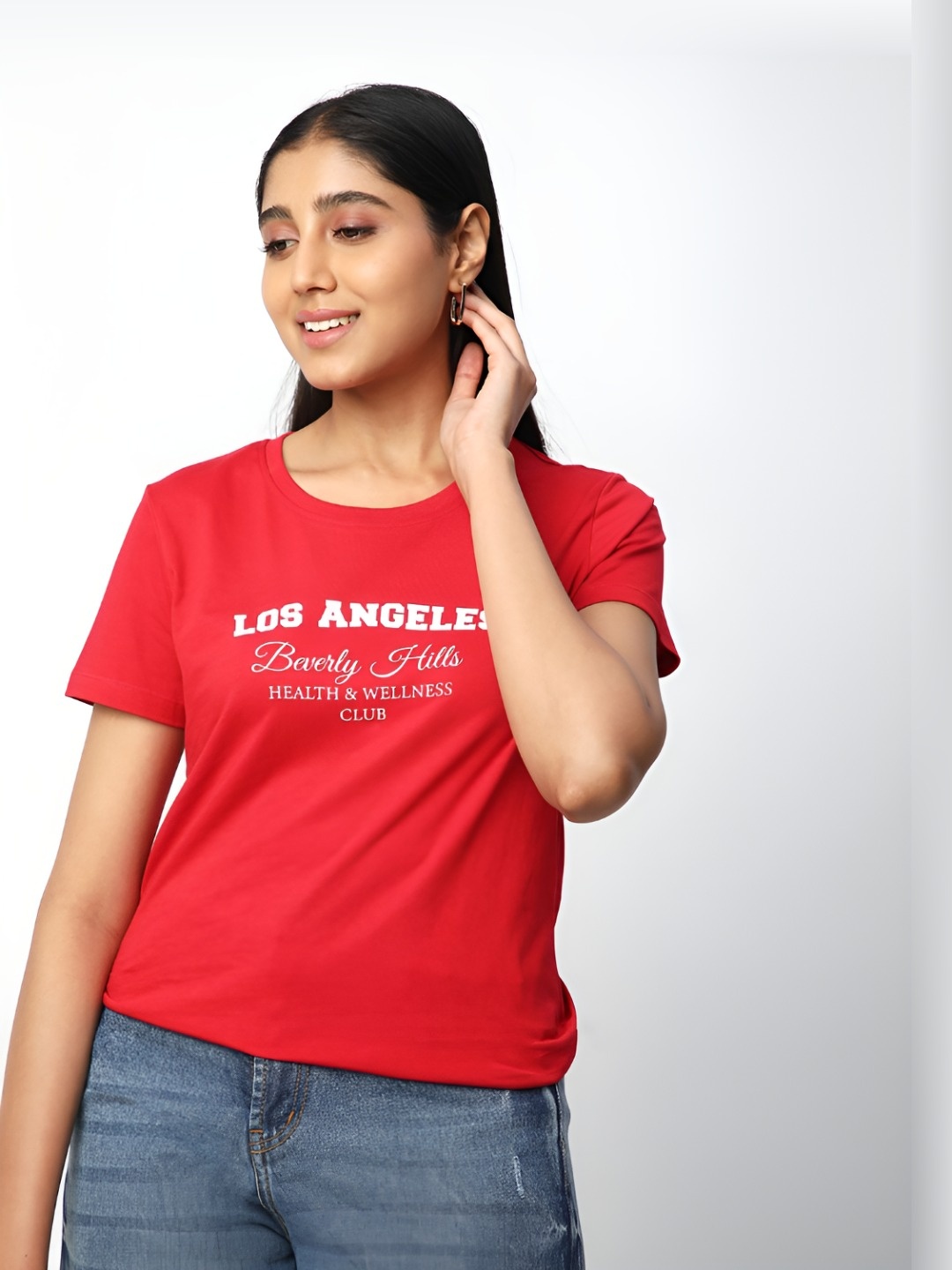 

R&B Women Typography Printed Round Neck Cotton T-shirt, Red