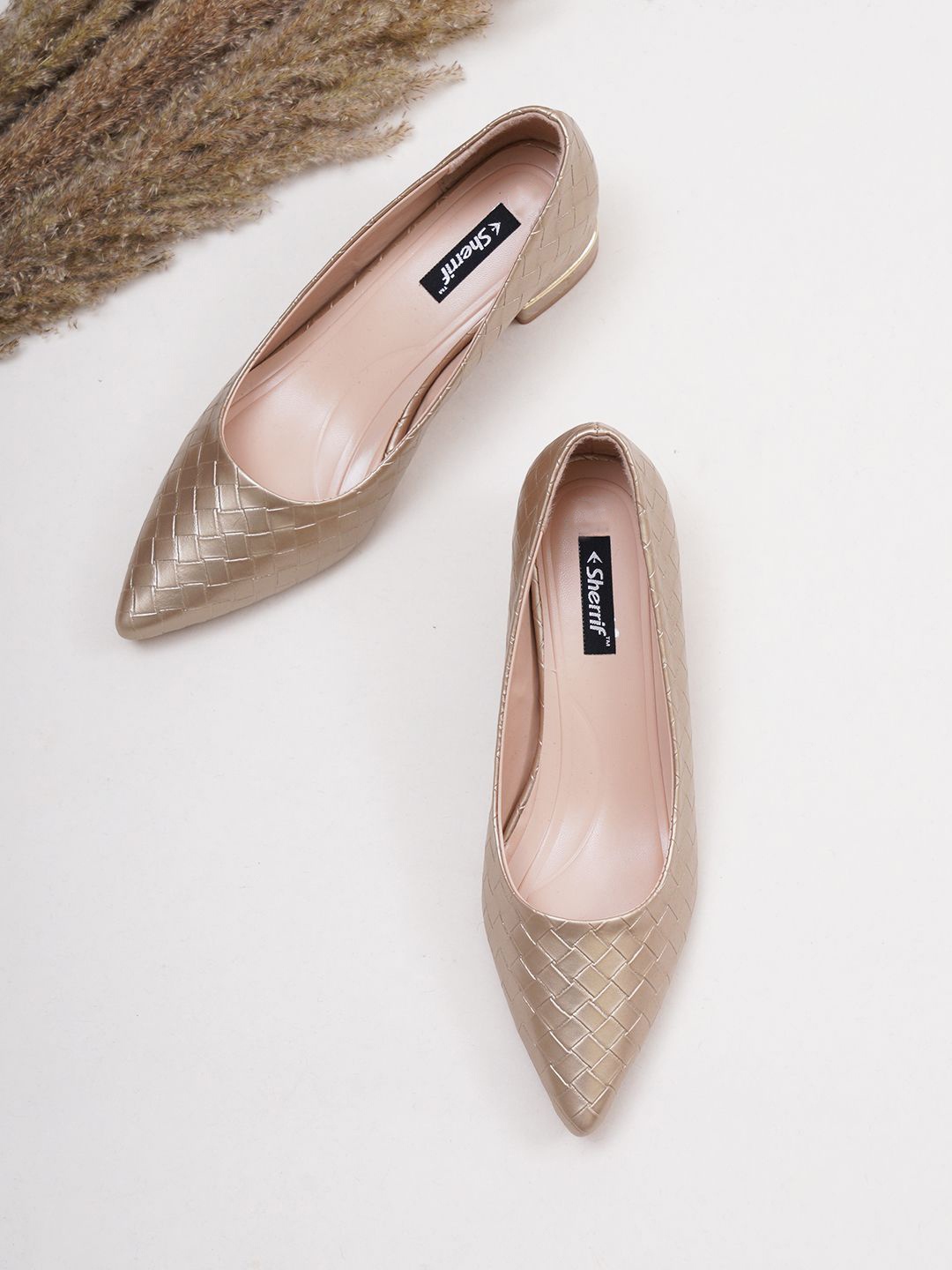 

Sherrif Shoes Women Textured Block Heel Pumps, Gold