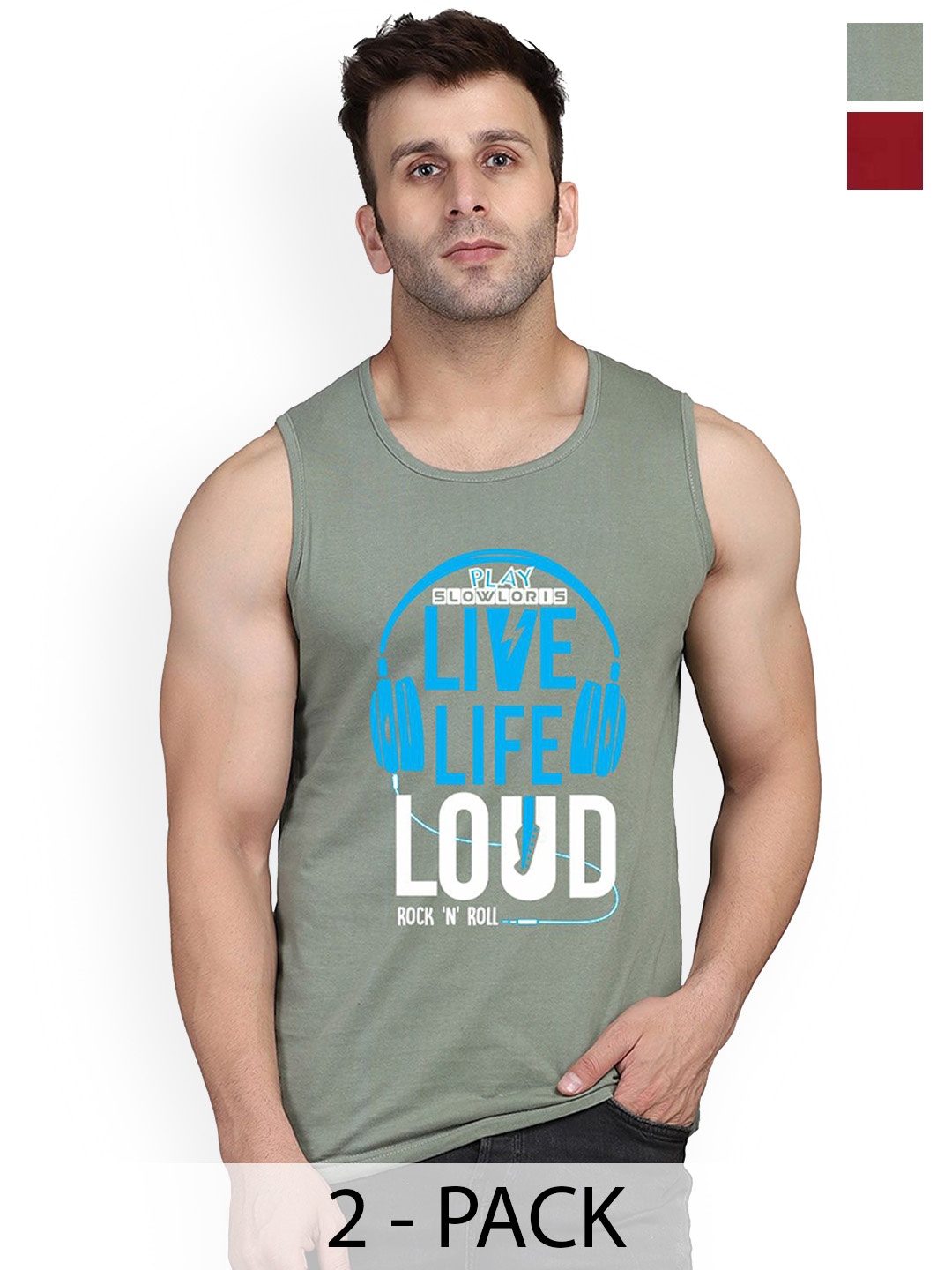 

SLOWLORIS Pack Of 2 Printed Gym Vests SL26 COMBO (LOUD LGTGREEN) (NVR MAROON), Green