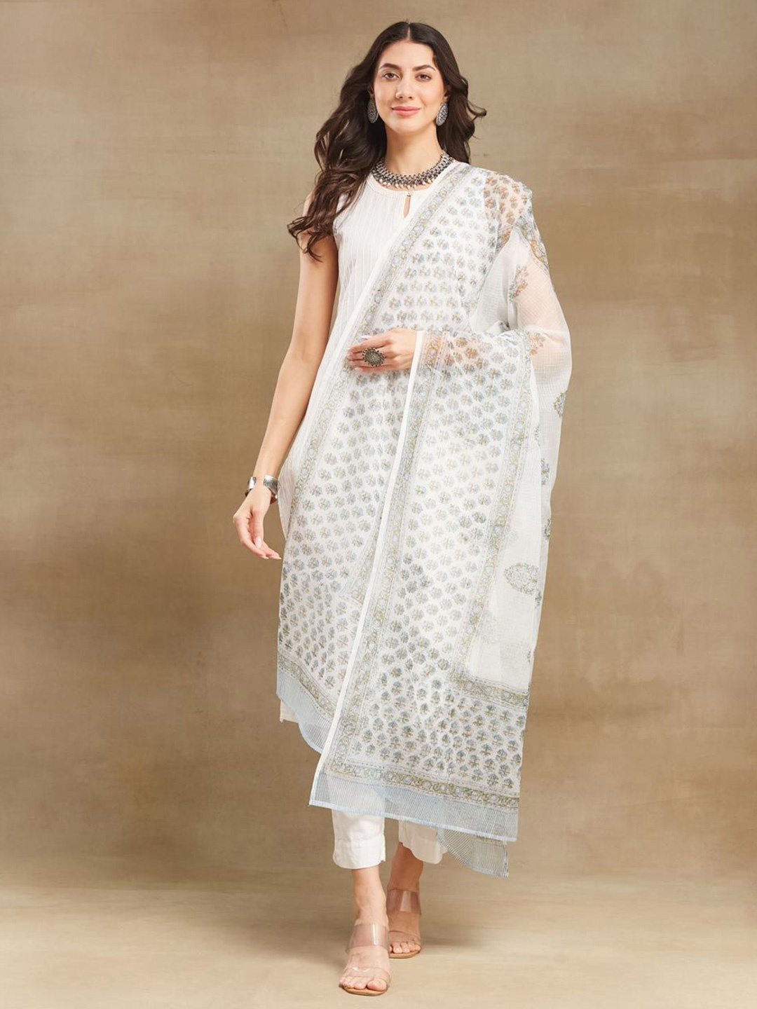 

Fabindia Ethnic Motifs Printed Cotton Silk Dupatta, White