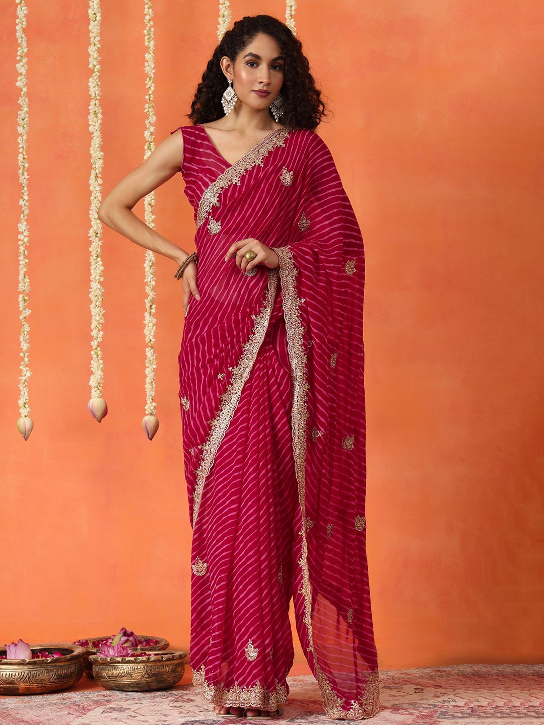 

Tikhi Imli Leheriya Embroidered Poly Heavy Work Saree, Pink