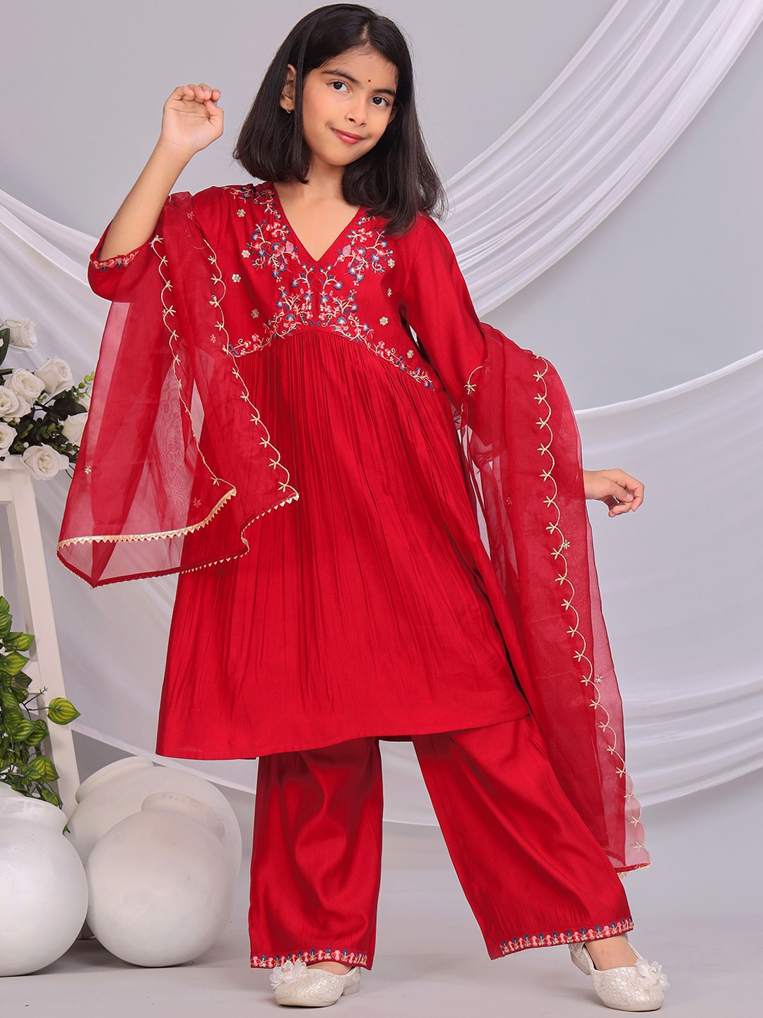 

BAESD Girls Floral Embroidered Regular Sequinned A-Line Kurti with Palazzos & Dupatta, Red