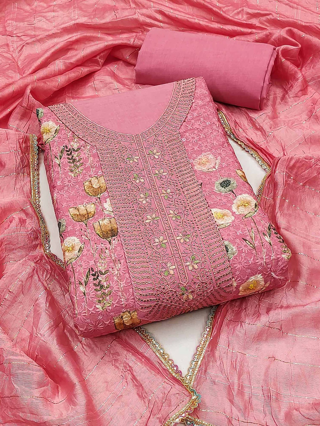 

Peachmode Floral Embroidered Sequinned Pure Cotton Unstitched Dress Material, Pink