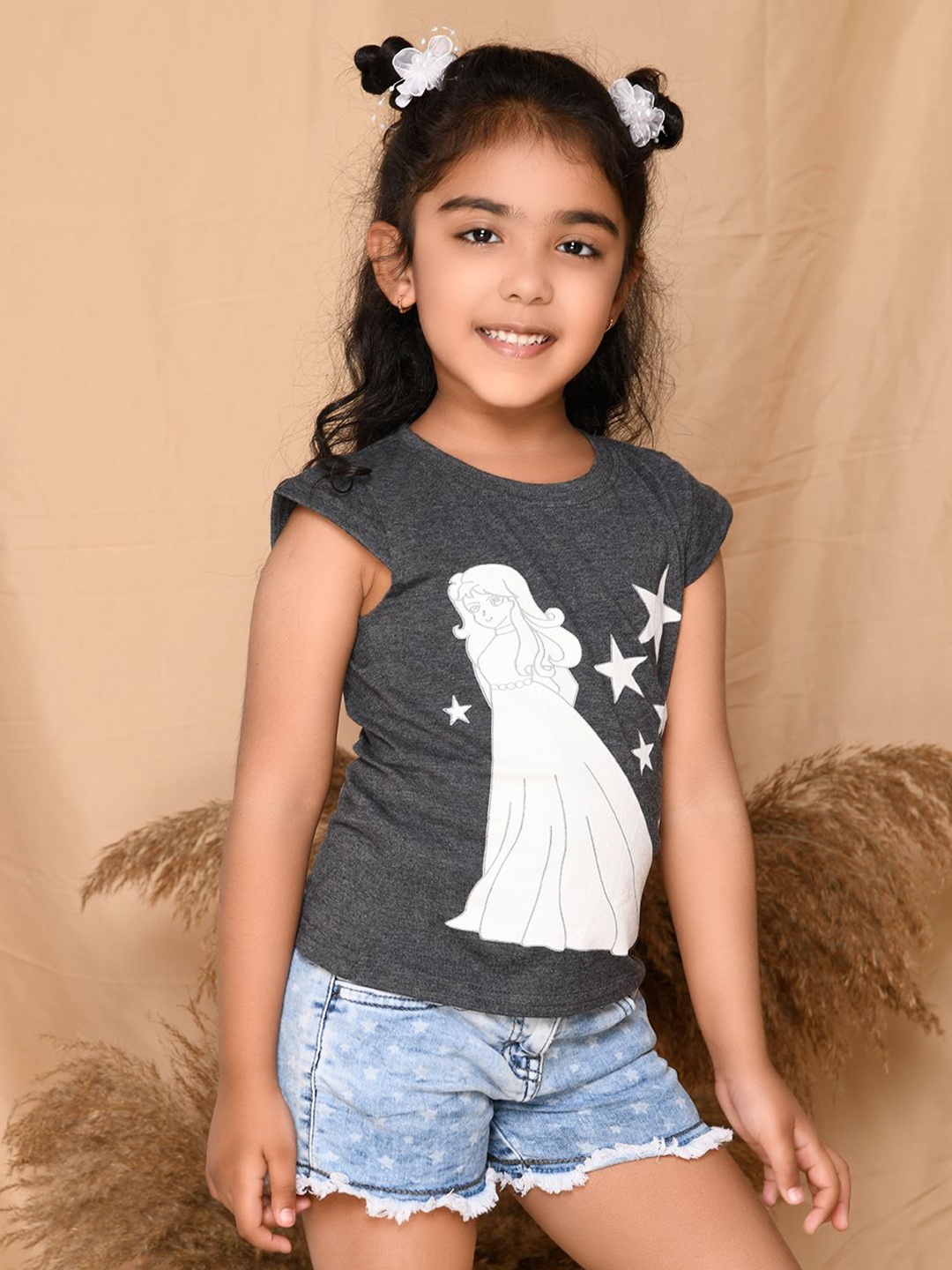 

Kids Cave Girls Graphic Printed Round Neck Cotton T-Shirt, Grey
