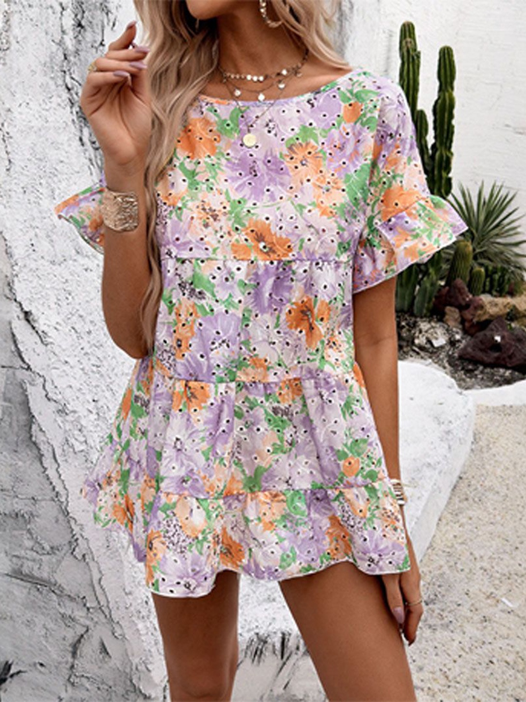 

StyleCast Floral Printed Flutter Sleeves Georgette A-Line Dress, Purple