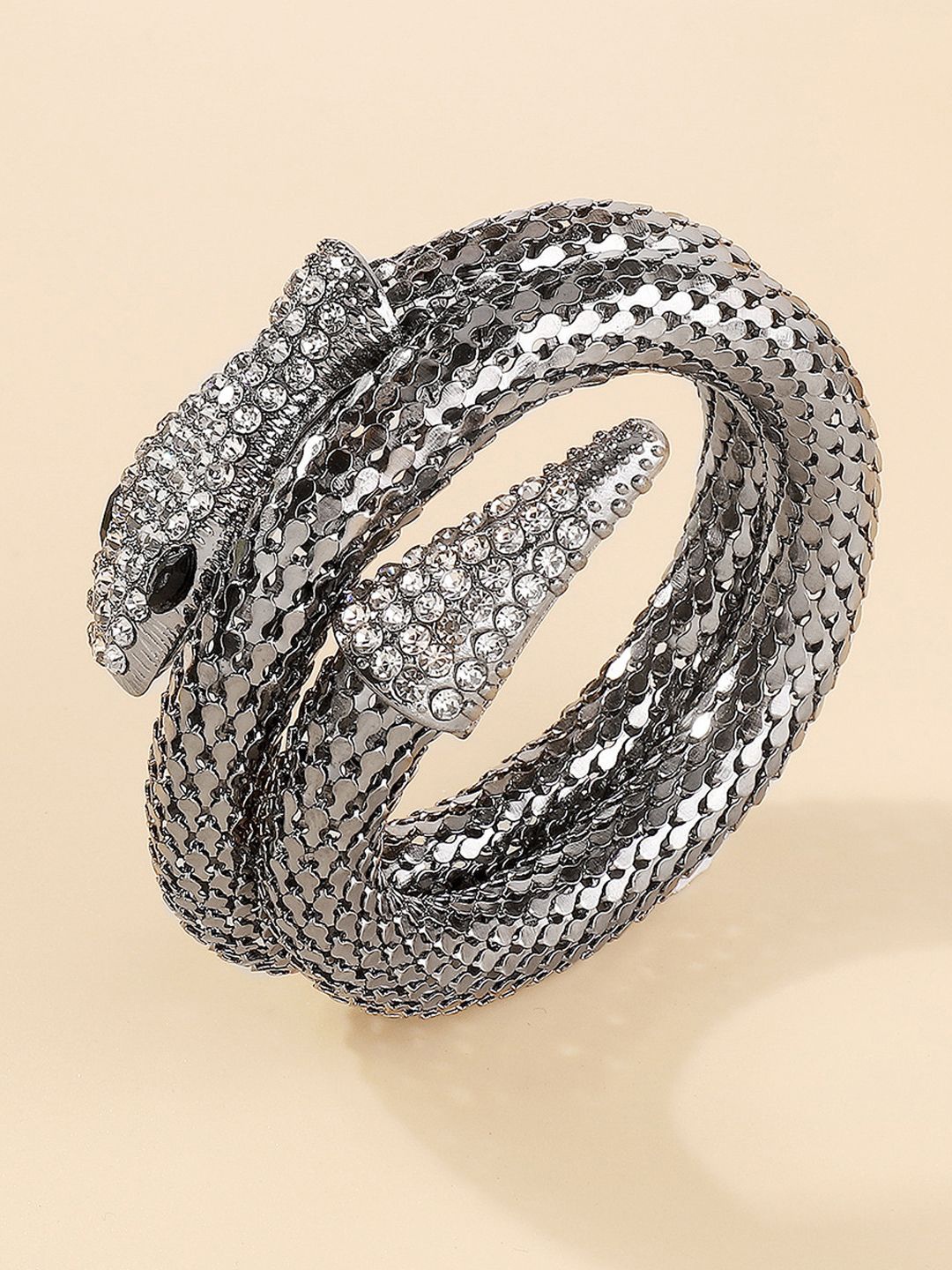 

VAGHBHATT Silver-Plated Stone-Studded Snake Shaped Cuff Bracelet