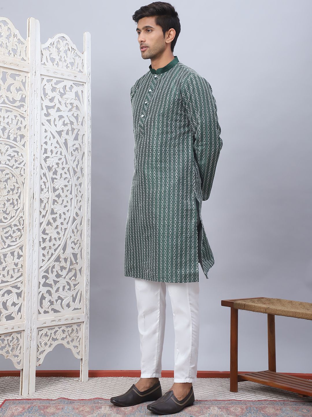 

Anouk Olive Green Geometric Embroidered Sequinned Silk Cotton Straight Kurta with Pyjamas