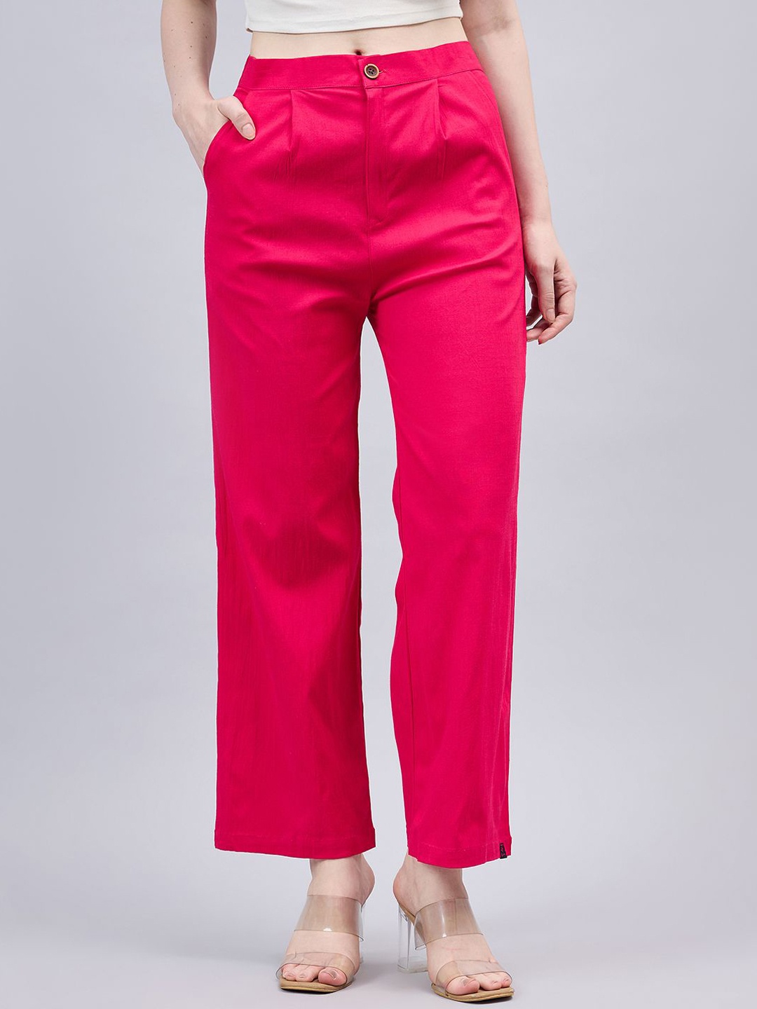 

THE PAJAMA FACTORY Women Smart High-Rise Pleated Regular Fit Trousers, Pink