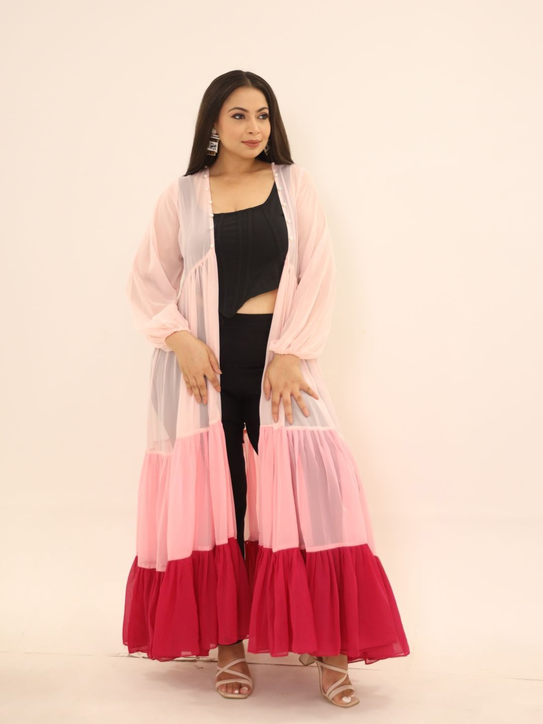 

Swadeshi Shringaar Colourblocked Open Front Longline Shrug, Pink