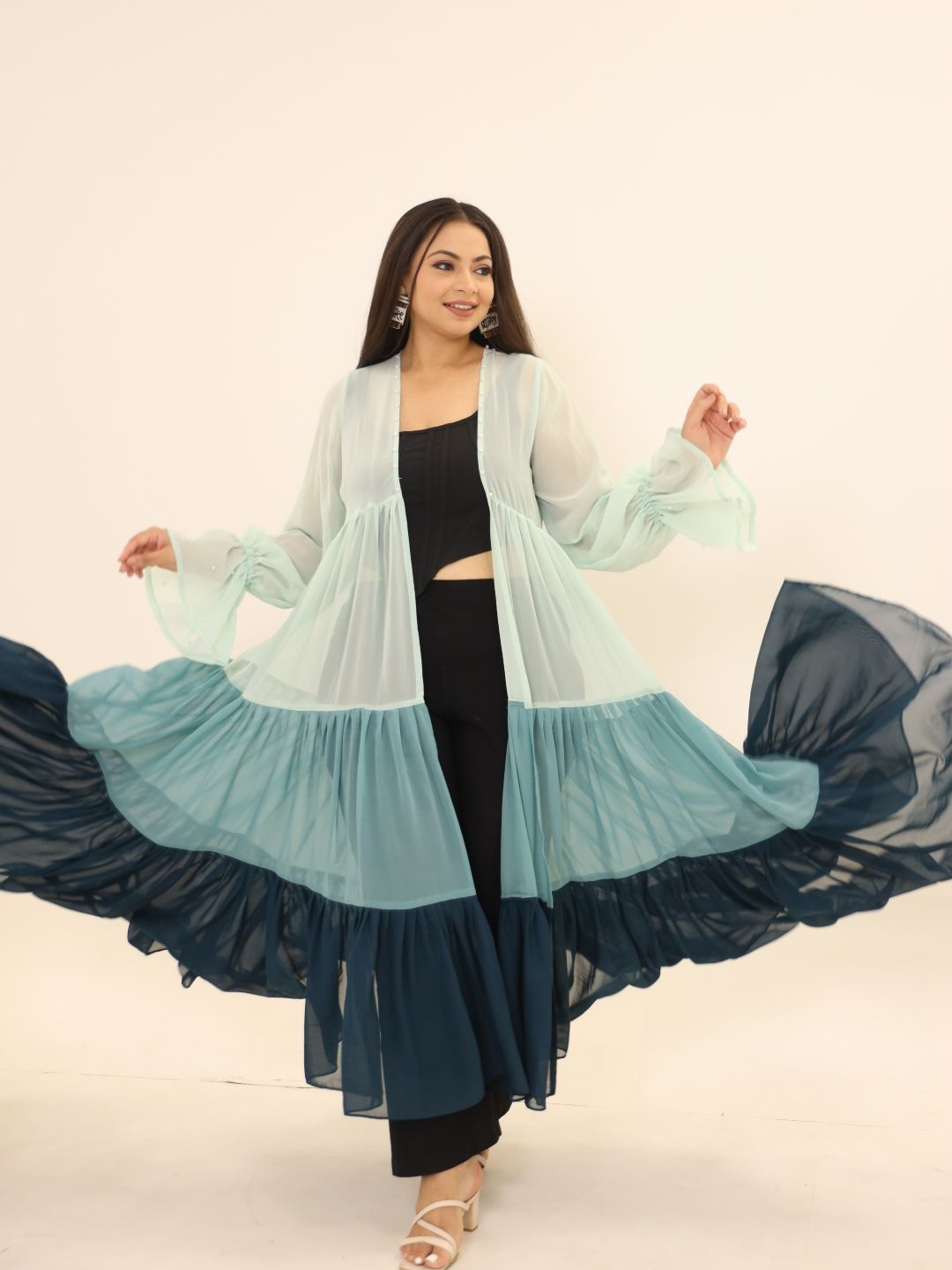 

Swadeshi Shringaar Colourblocked Longline Open Front Shrug, Blue