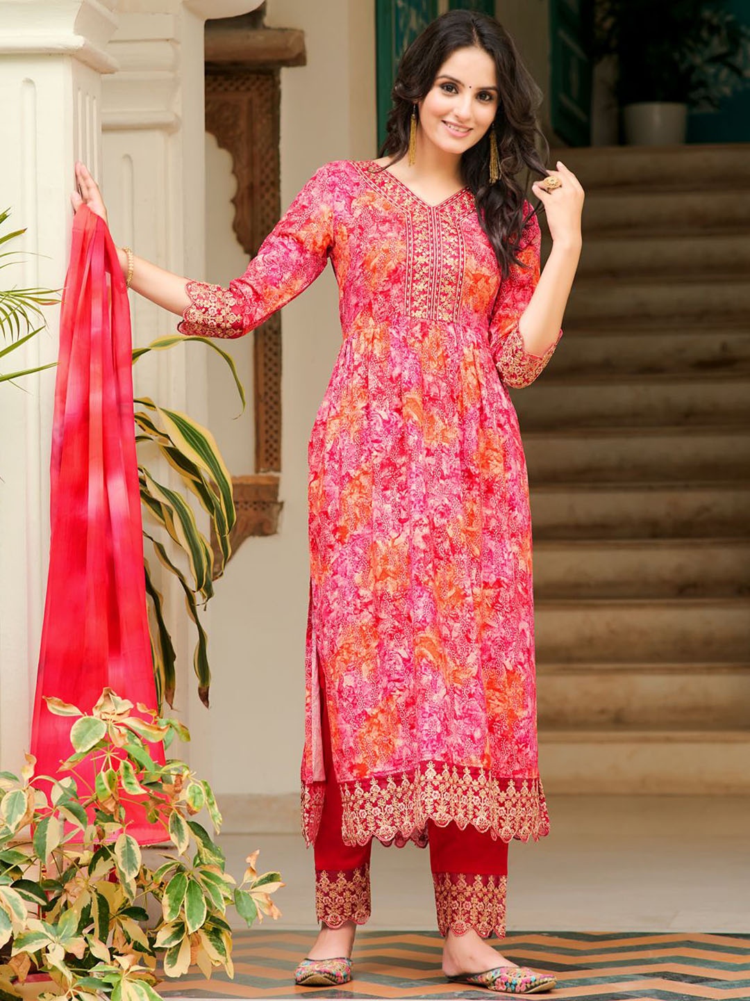 

Berrylicious Floral Embroidered Panelled Sequinned A-Line Kurta with Trousers & Dupatta, Pink