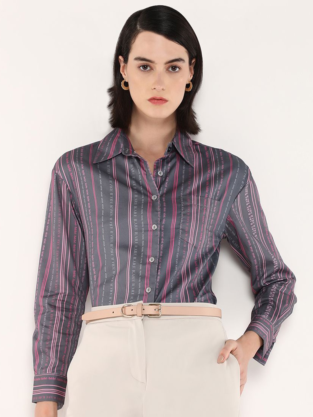 

RAREISM Women Spread Collar Striped Cotton Casual Shirt, Grey