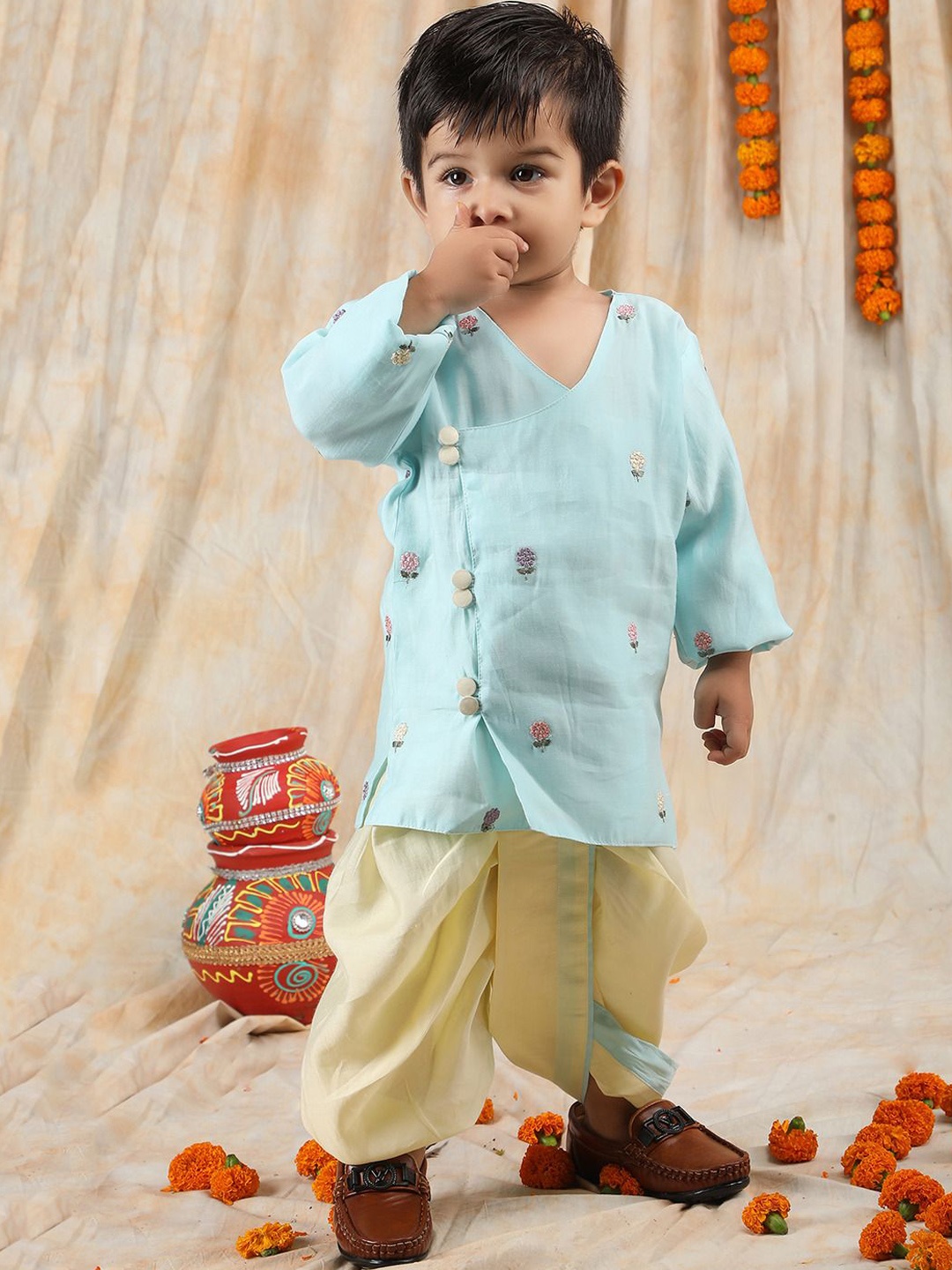 

Polka Tots Boys Embroidered Pure Cotton Straight Kurta with Dhoti Pants, Turquoise blue