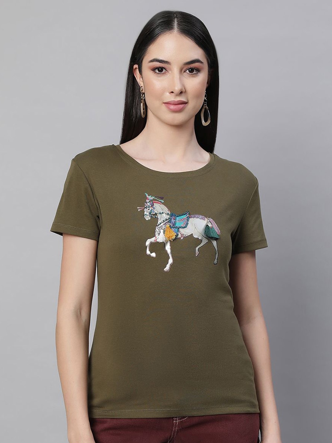 

Global Republic Women Graphic Printed Embellished Round Neck Top, Olive