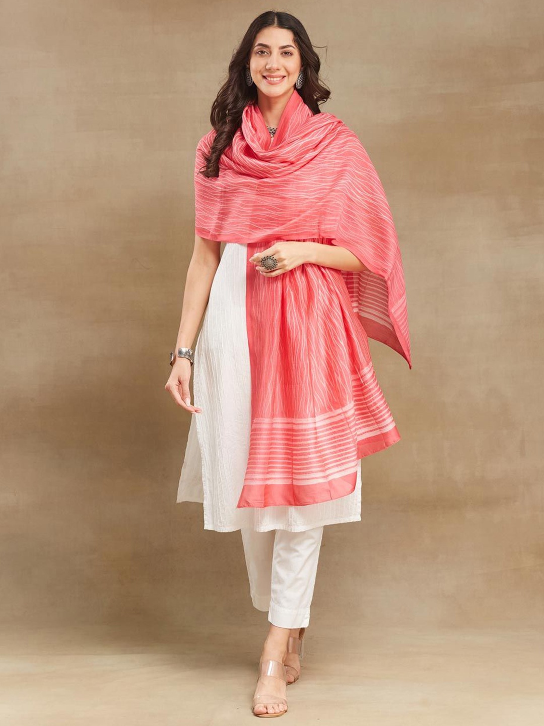 

Fabindia Striped Cotton Silk Dupatta, Pink