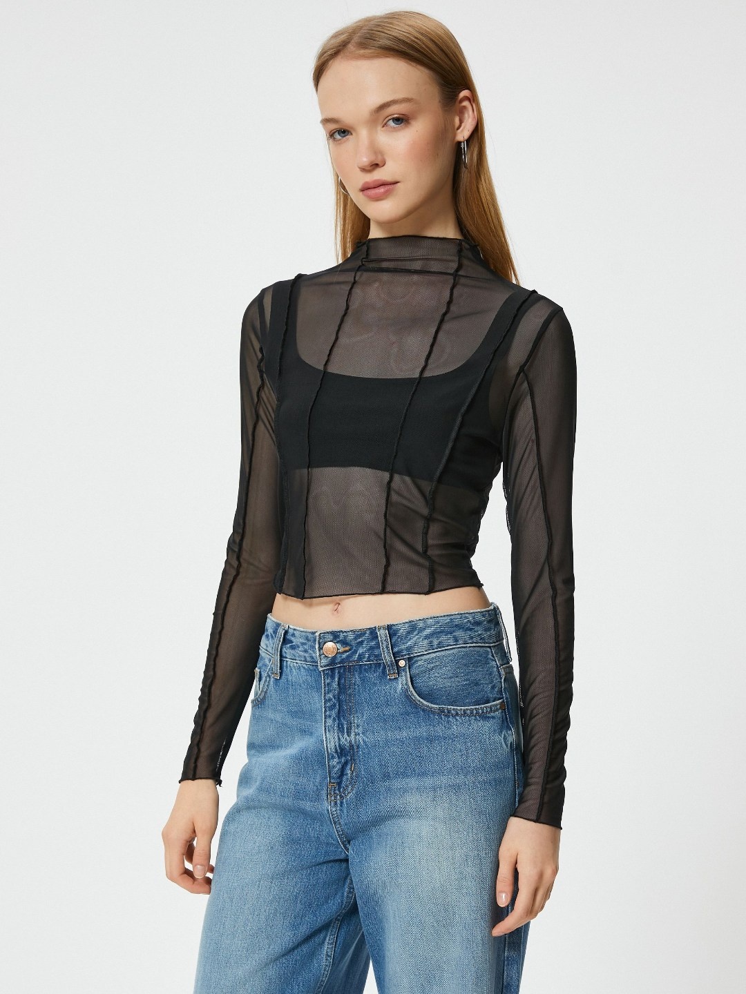 

Koton Women Striped High Neck Pockets T-shirt, Black