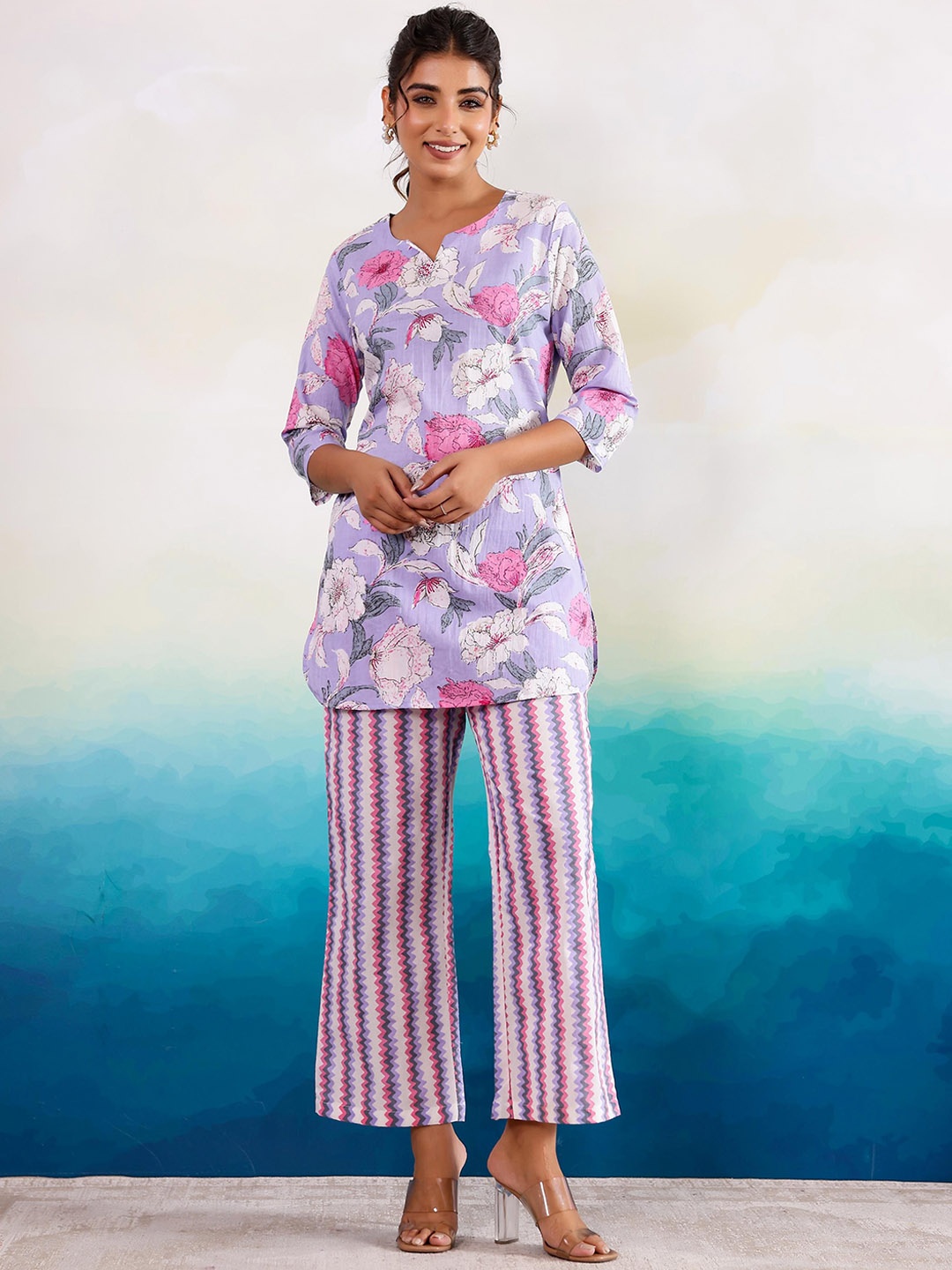 

FLAVIA CREATION Printed Pure Cotton Tunic with Trouser, Lavender