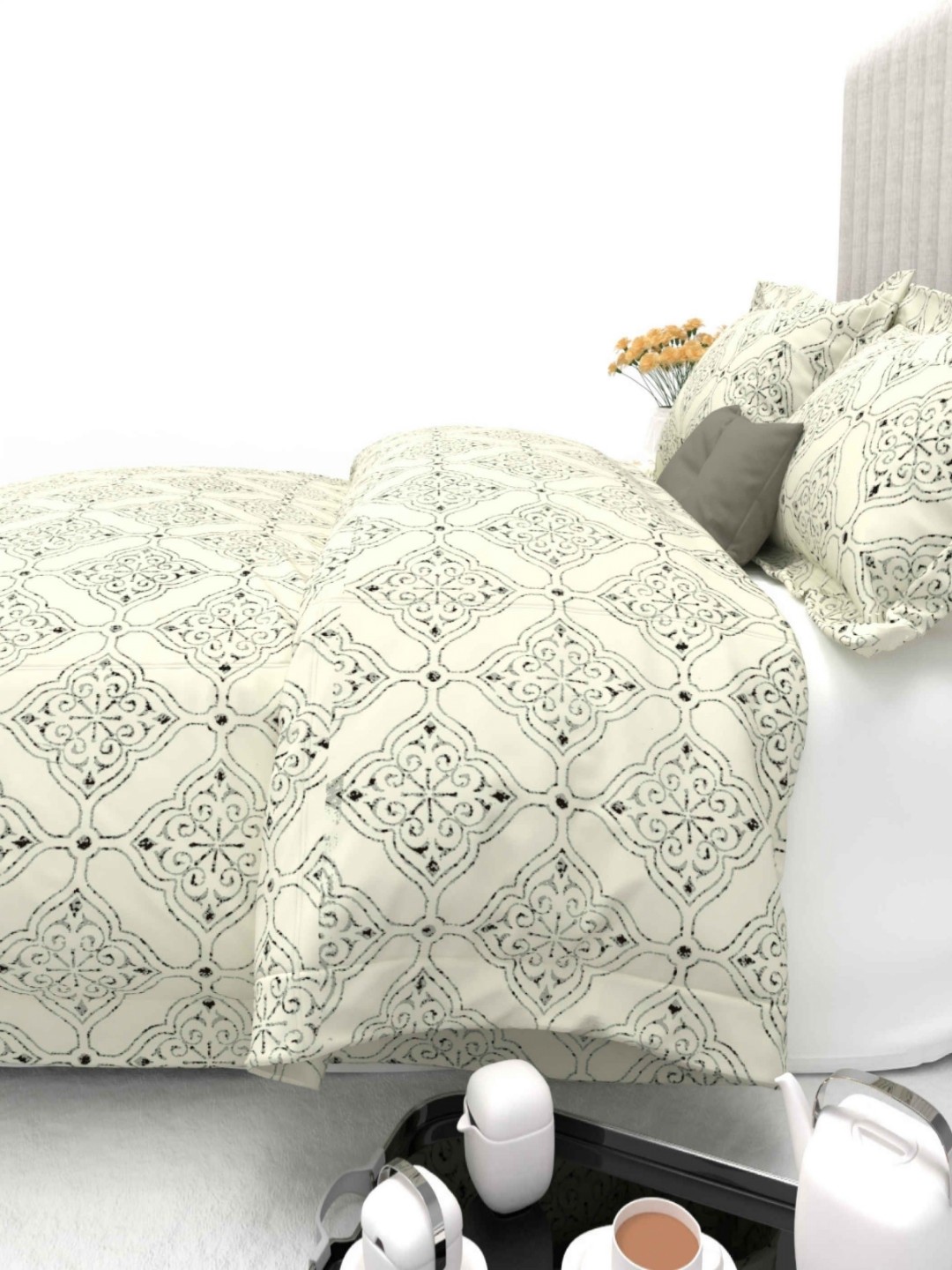

THE WHITE MOSS Blue Cotton Satin Ethnic Motifs 600 TC King Bedsheet with 2 Pillow Covers