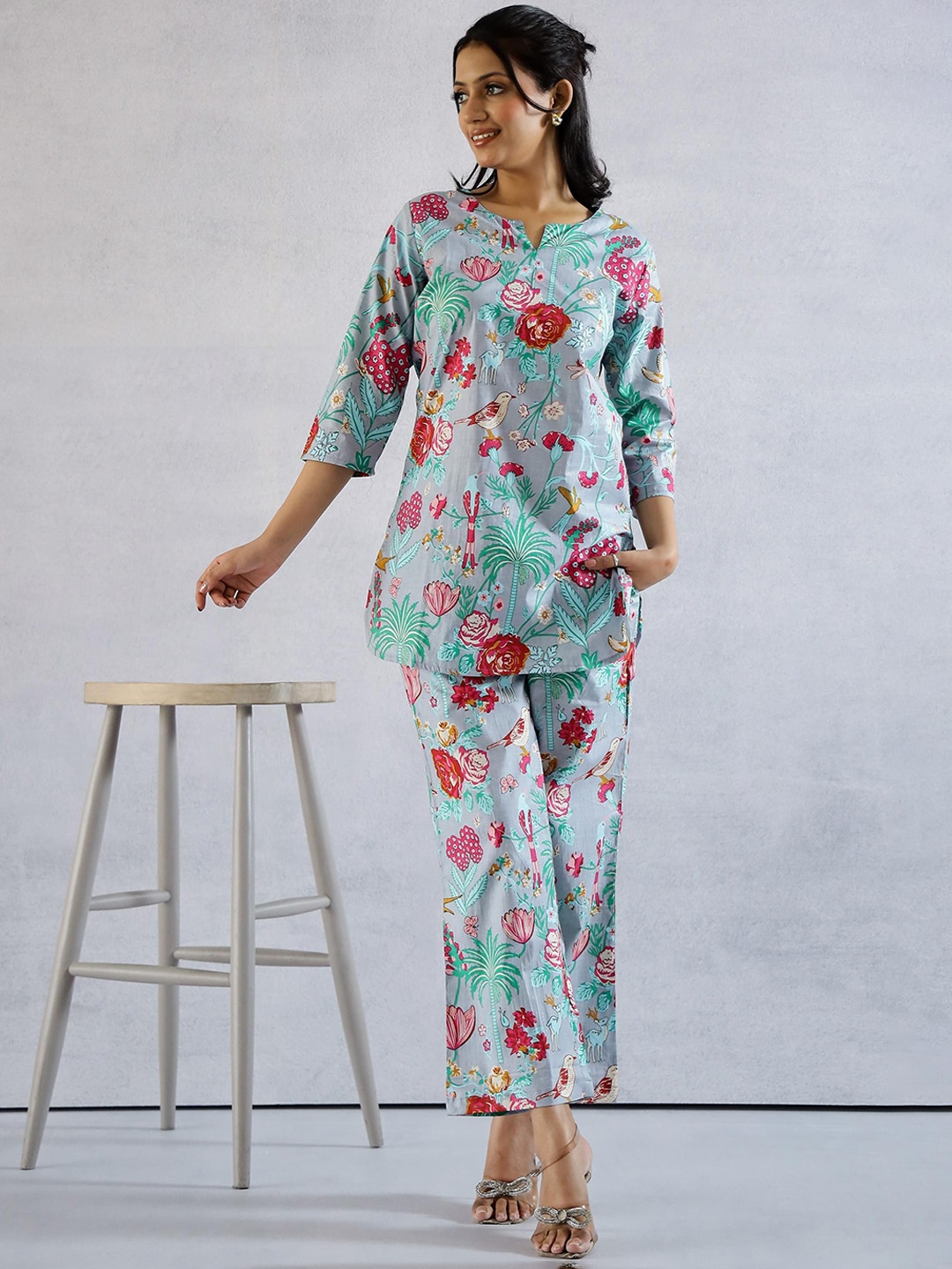 

FLAVIA CREATION Floral Printed Cotton Shirt With Trouser, Grey