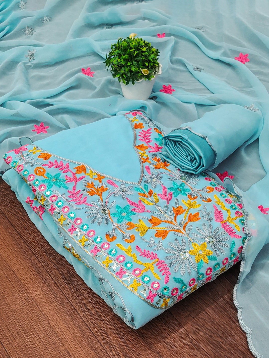 

LeeliPeeri Designer Ethnic Motifs Embroidered Unstitched Dress Material, Blue