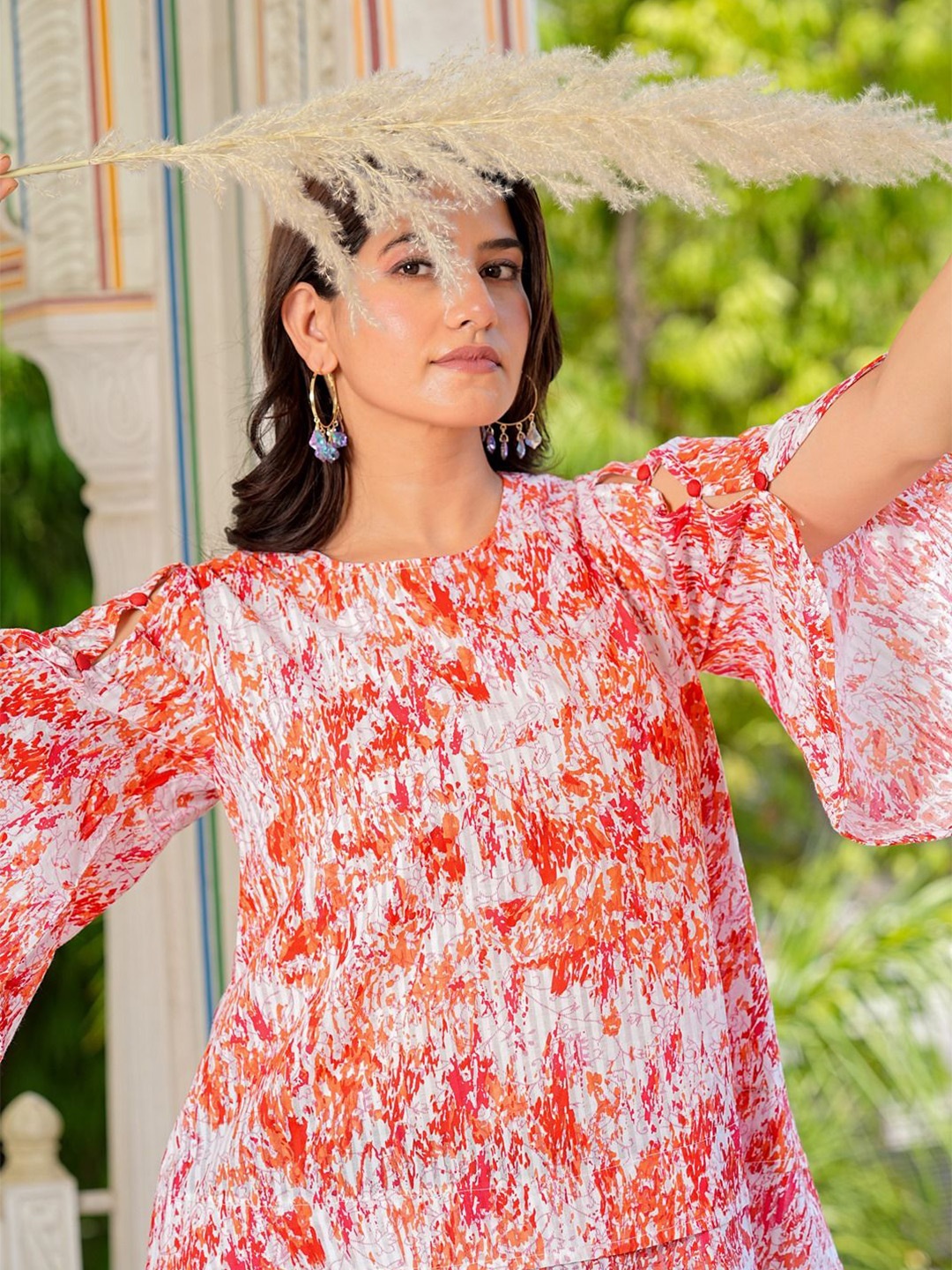

YASH GALLERY Women Abstract Printed Round Neck Cotton Top, Orange