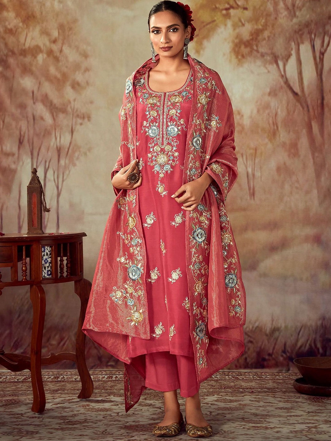 

Indo Era Floral Embroidered Thread Work Straight Kurta With Trousers & With Dupatta, Rust