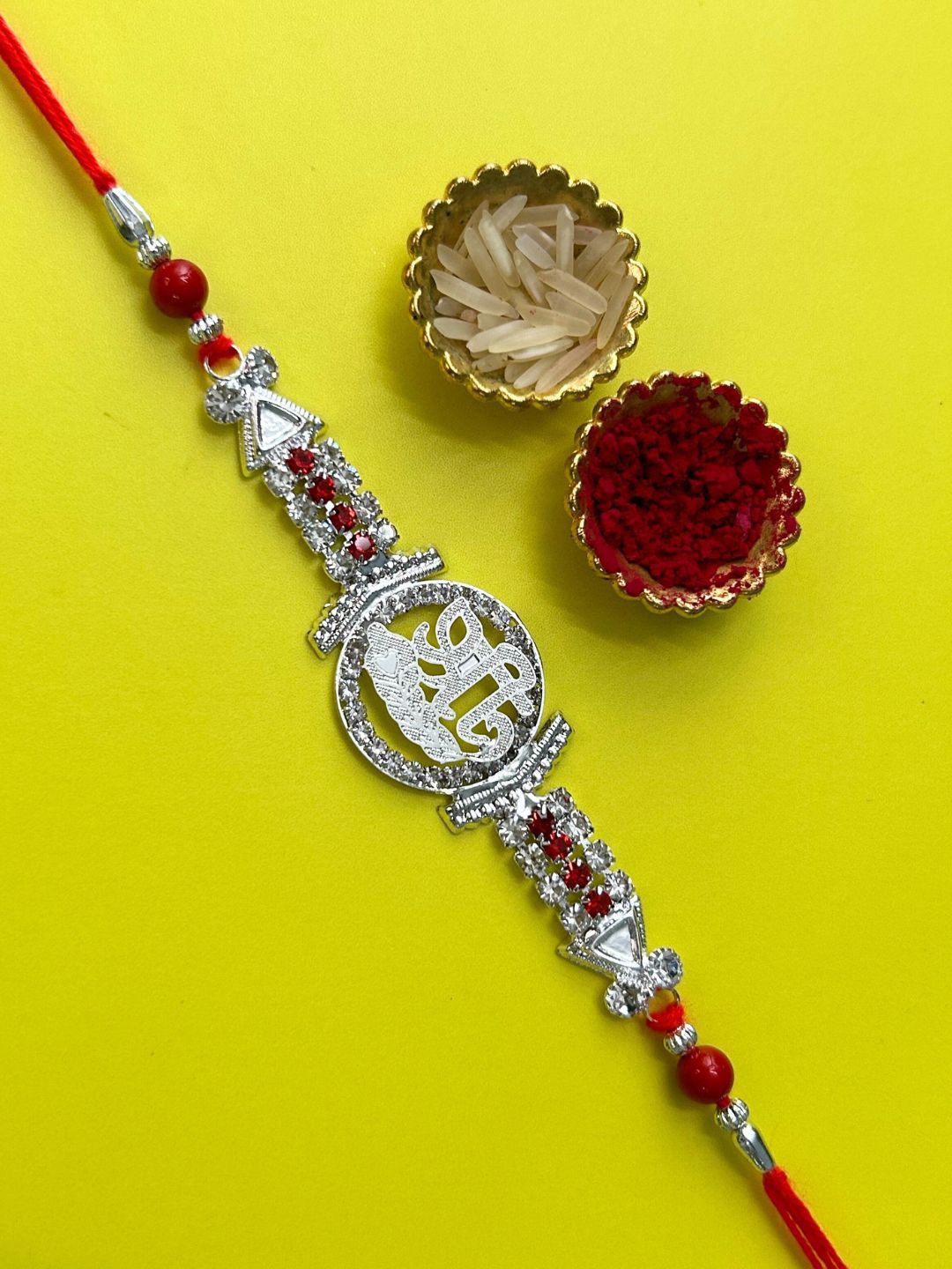 

LAIDA Shree American Diamond Studded Thread Rakhi With Roli Chawal, Silver