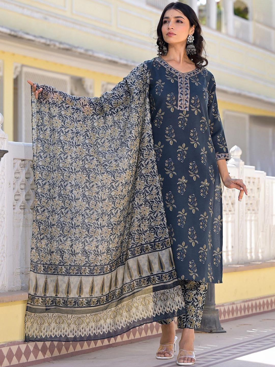

KALINI Floral Printed Kurta with Trousers & Dupatta, Blue