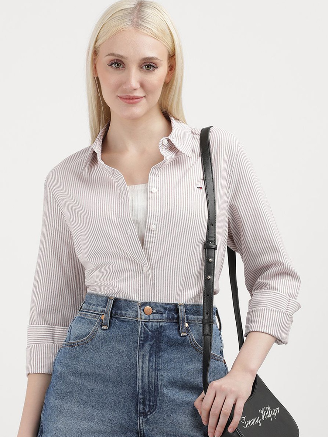 

Tommy Hilfiger Women Vertical Striped Spread Collar Casual Shirt, White