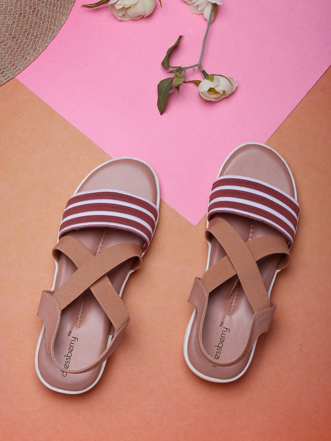 

DressBerry Women Striped Backstrap Open Toe Flats, Pink