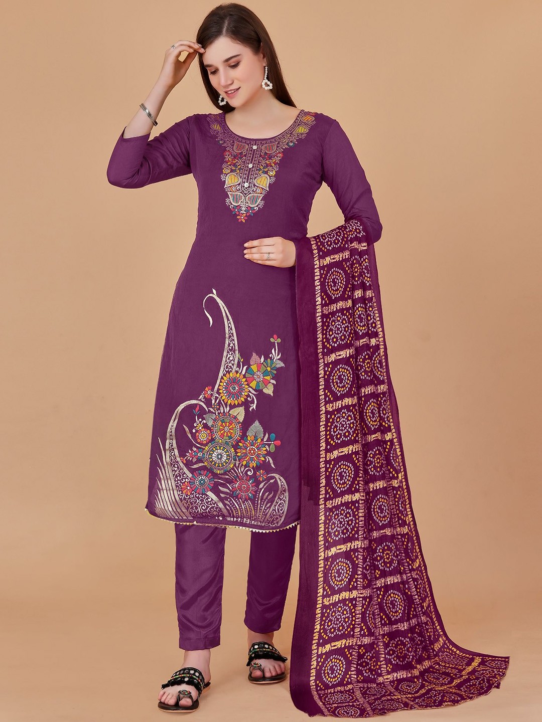 

JULEE Ethnic Motifs Embroidered Unstitched Dress Material, Purple